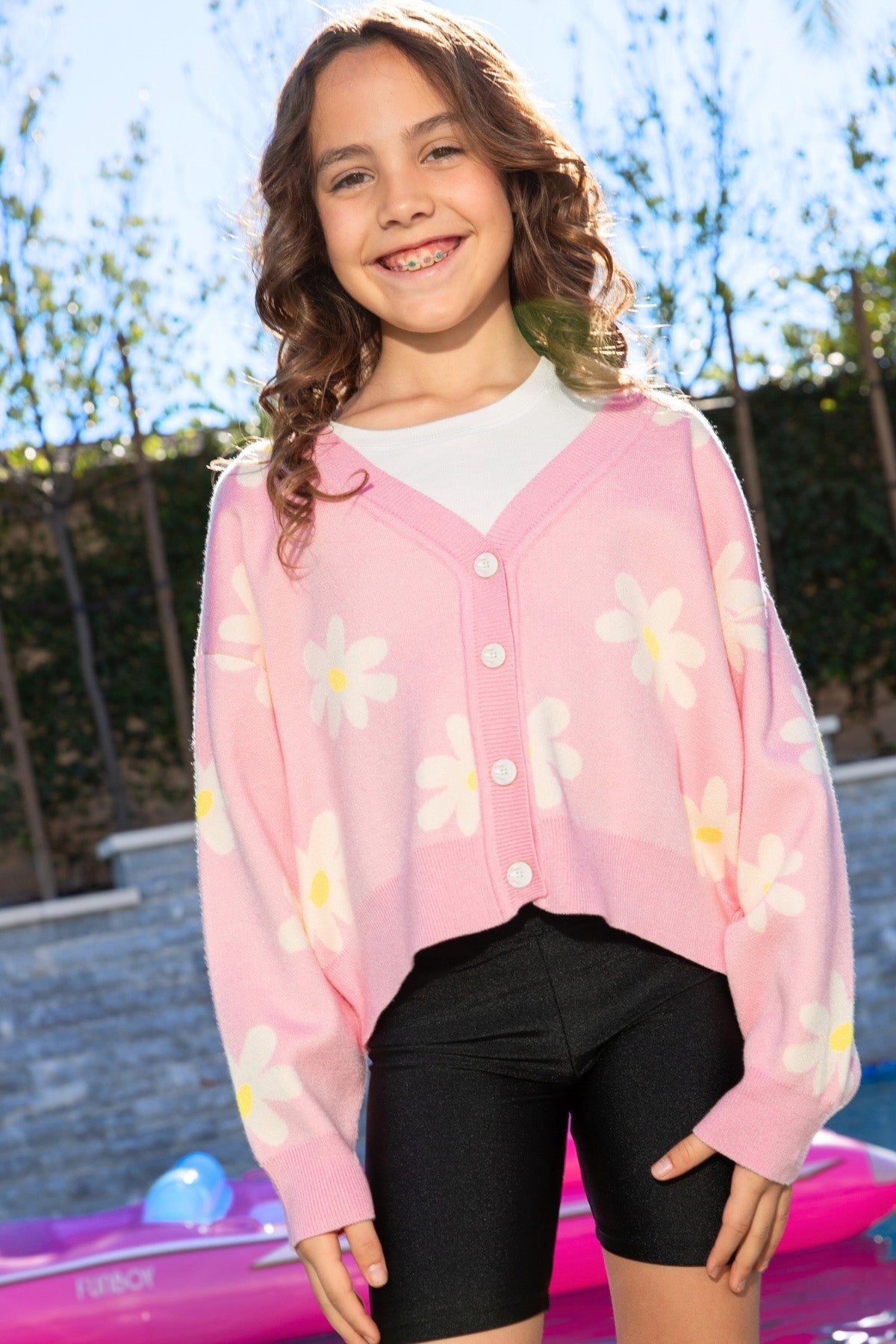 Yummy Soft Cardigan Sweater - Lt Pink White Daisy