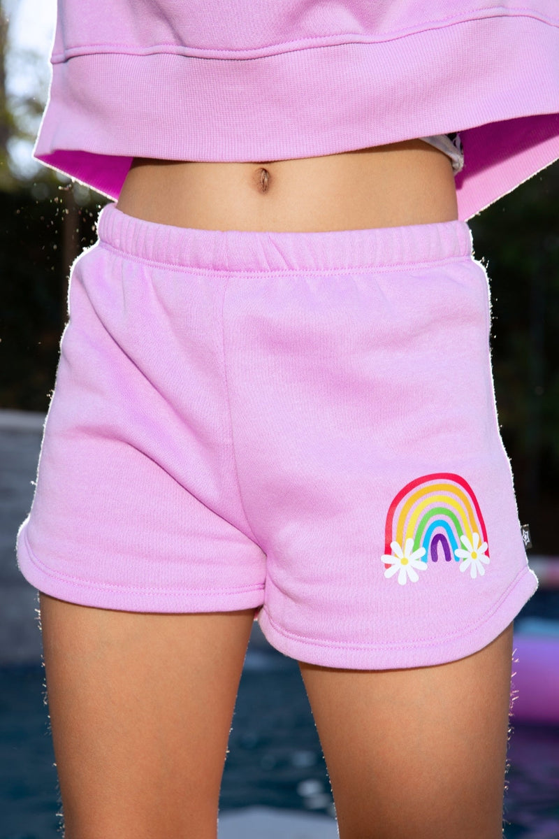 Cloud Soft French Terry Dolphin Short - Pink Daisy Rainbow - NEW!