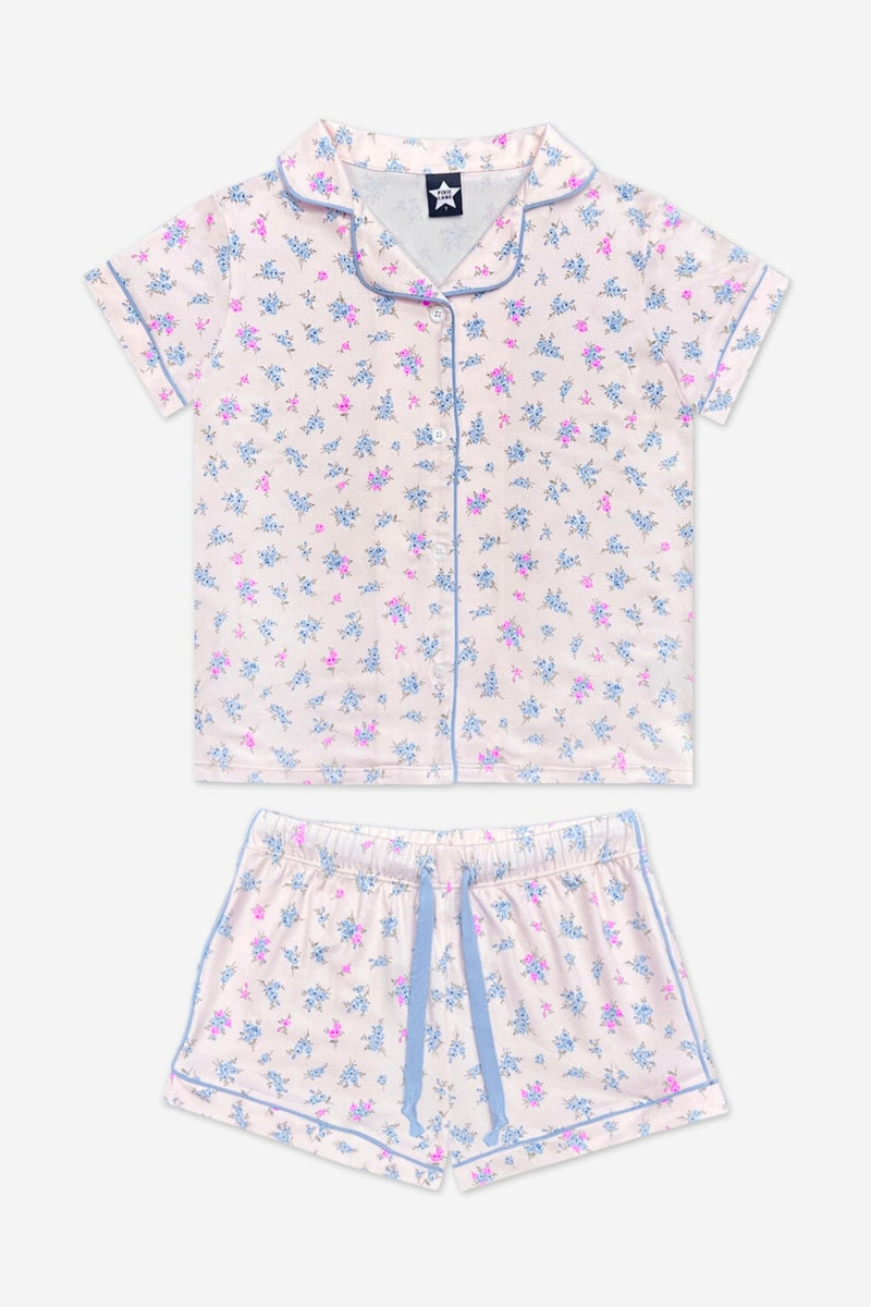 Short Sleeve Simply Soft Button Down Top & Short - Pink Ditsy Floral