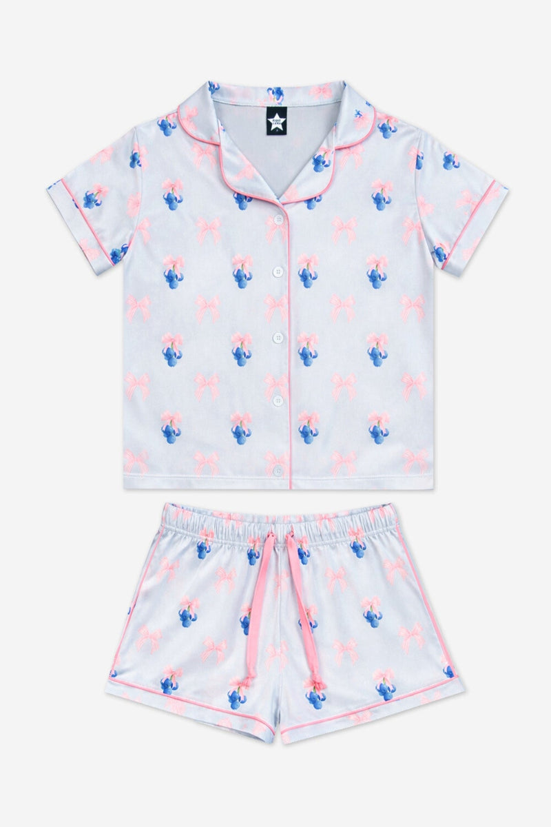 Short Sleeve Simply Soft Button Down Top & Short - Lt Blue Blueberry Bow - NEW!