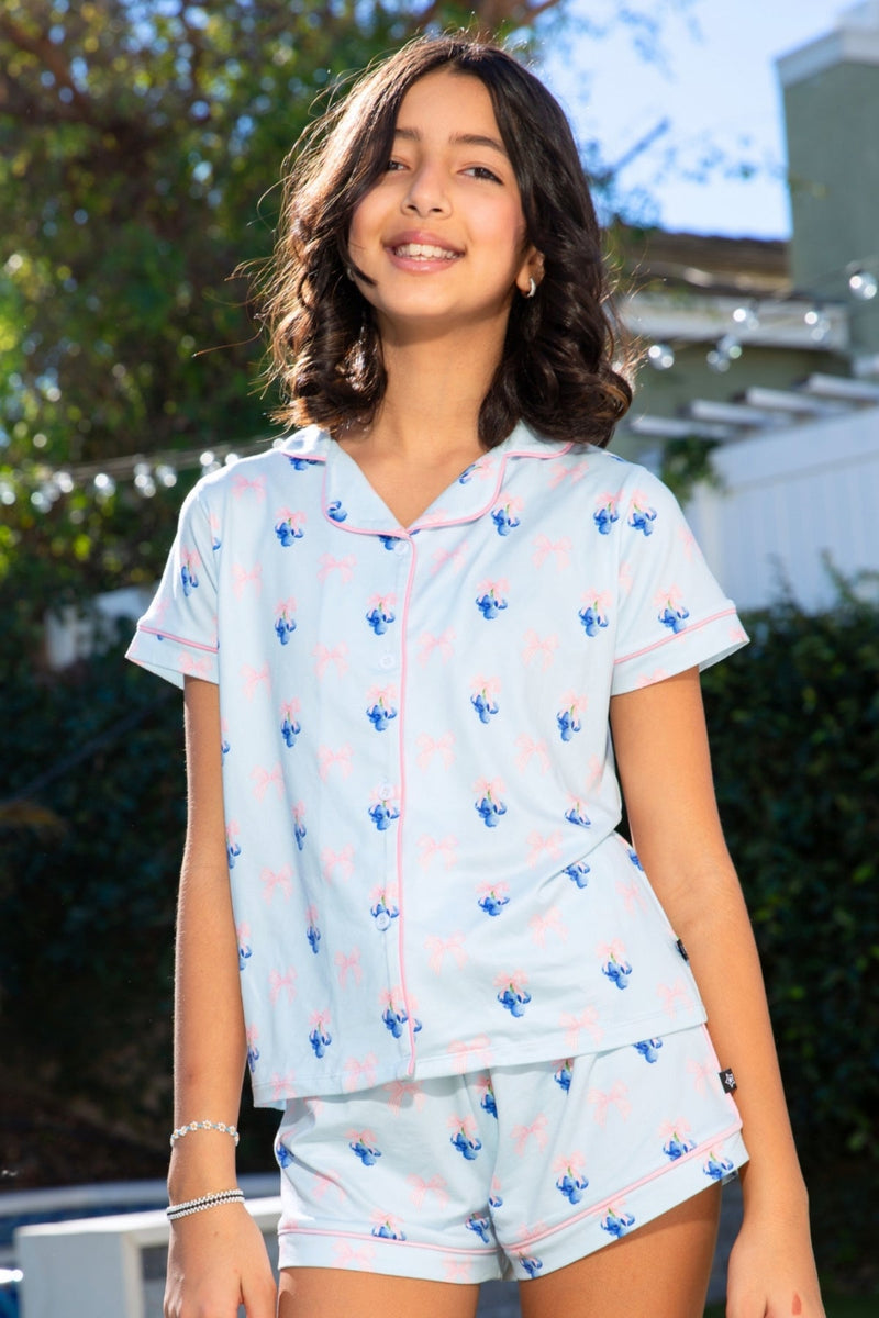 Short Sleeve Simply Soft Button Down Top & Short - Lt Blue Blueberry Bow