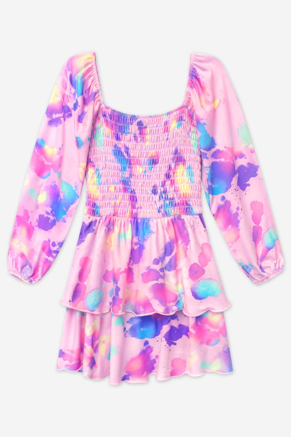 Simply Soft Long Sleeve Smocked Ruffle Skirt Dress - Pink Bleach Tie Dye - NEW!