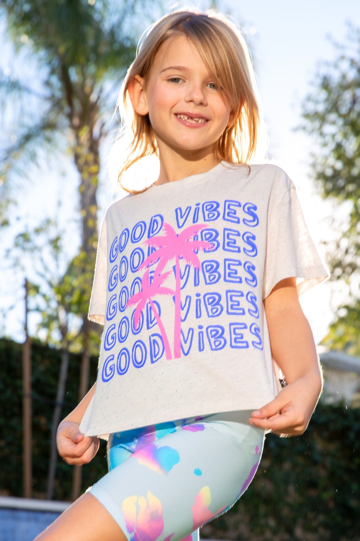 4-Pack Washed Cotton Drop Shoulder Tee - Lilac Denim Palm | Ivory Funfetti Palm | Pink Good Vibes Splatter Smile | Pink Strawberry Vibes