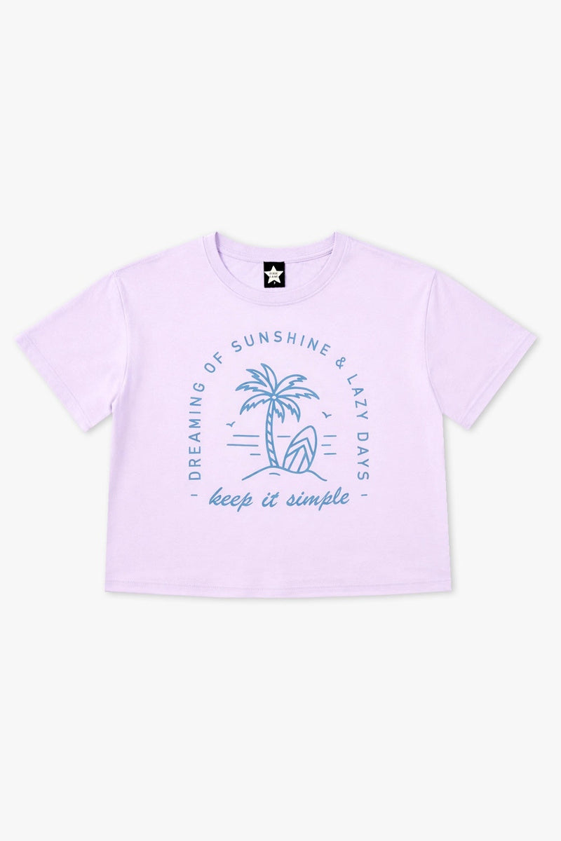 Washed Cotton Drop Shoulder Tee. - Lilac Denim Palm