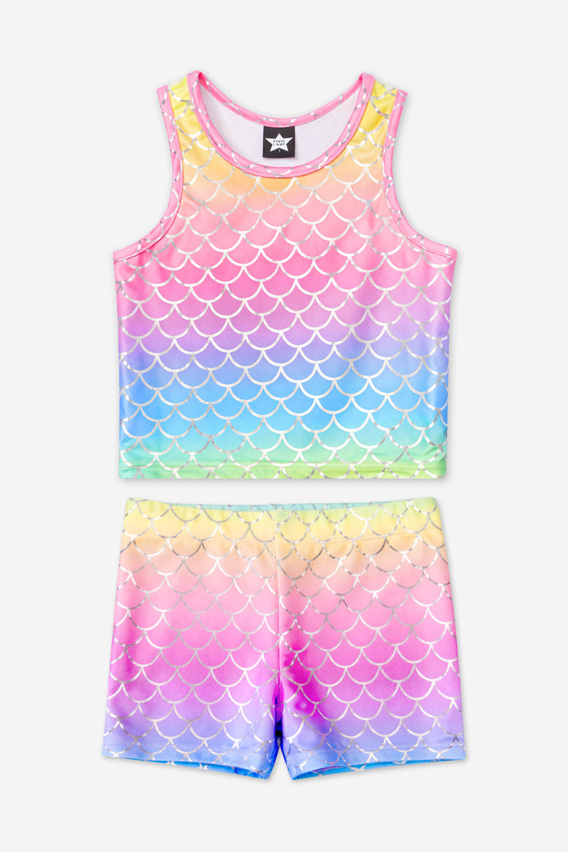 High Shine Cropped Racerback Tank & Tumble Short - Rainbow Glitter Mermaid