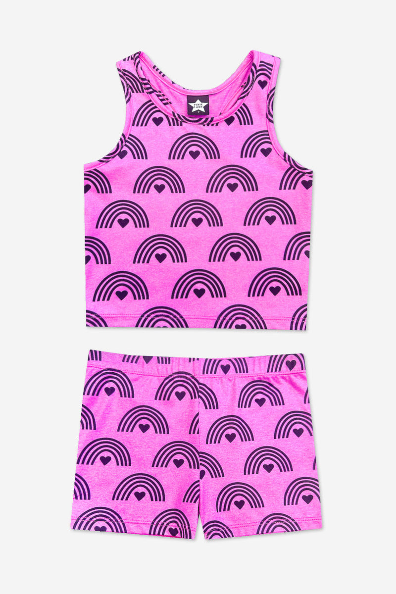 Simply Soft Luxe Cropped Racerback Tank & Tumble Short - Neon Pink Rainbow Heart