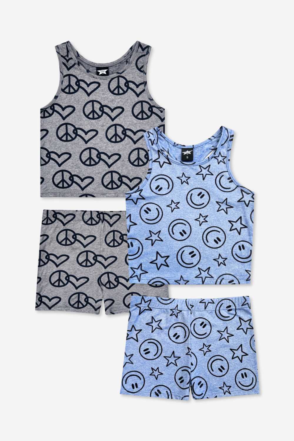 2-Pack Simply Soft Luxe Cropped Racerback Tank & Tumble Short - Steel Black Peace Heart | Neon Pink Rainbow Heart
