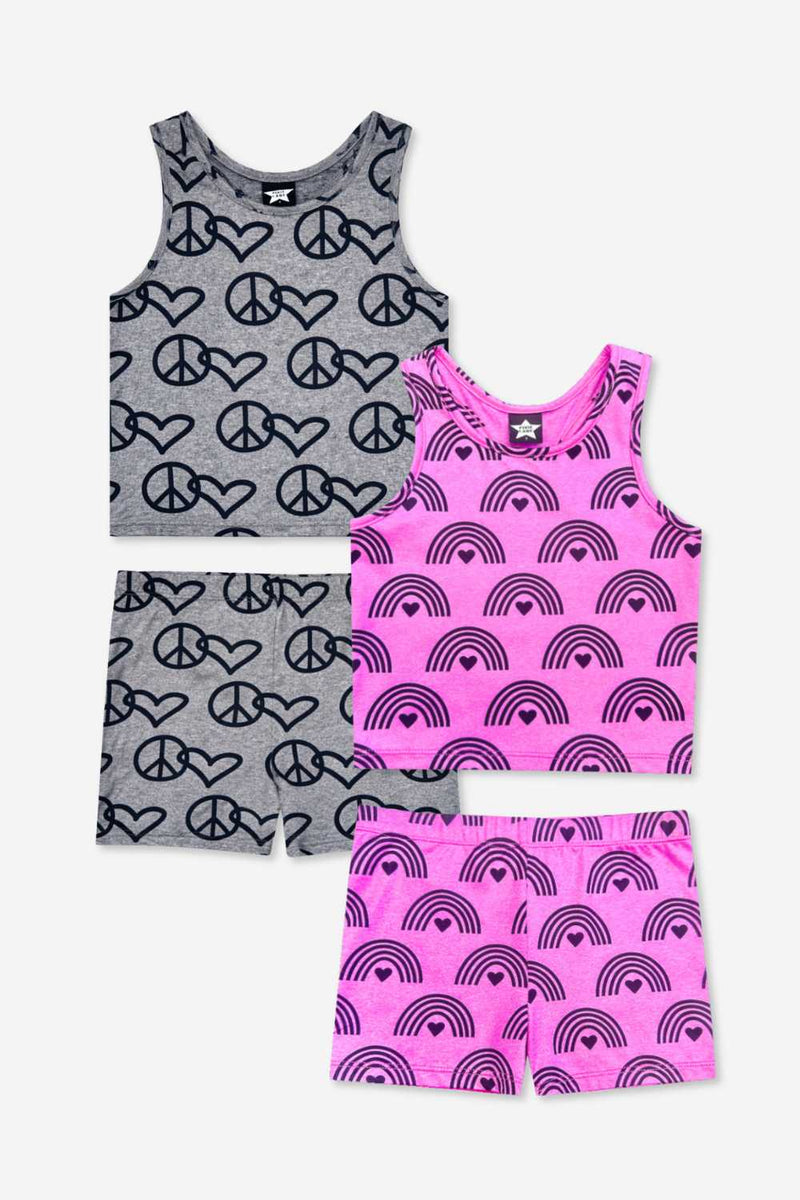 2-Pack Simply Soft Luxe Cropped Racerback Tank & Tumble Short - Steel Black Peace Heart | Neon Pink Rainbow Heart