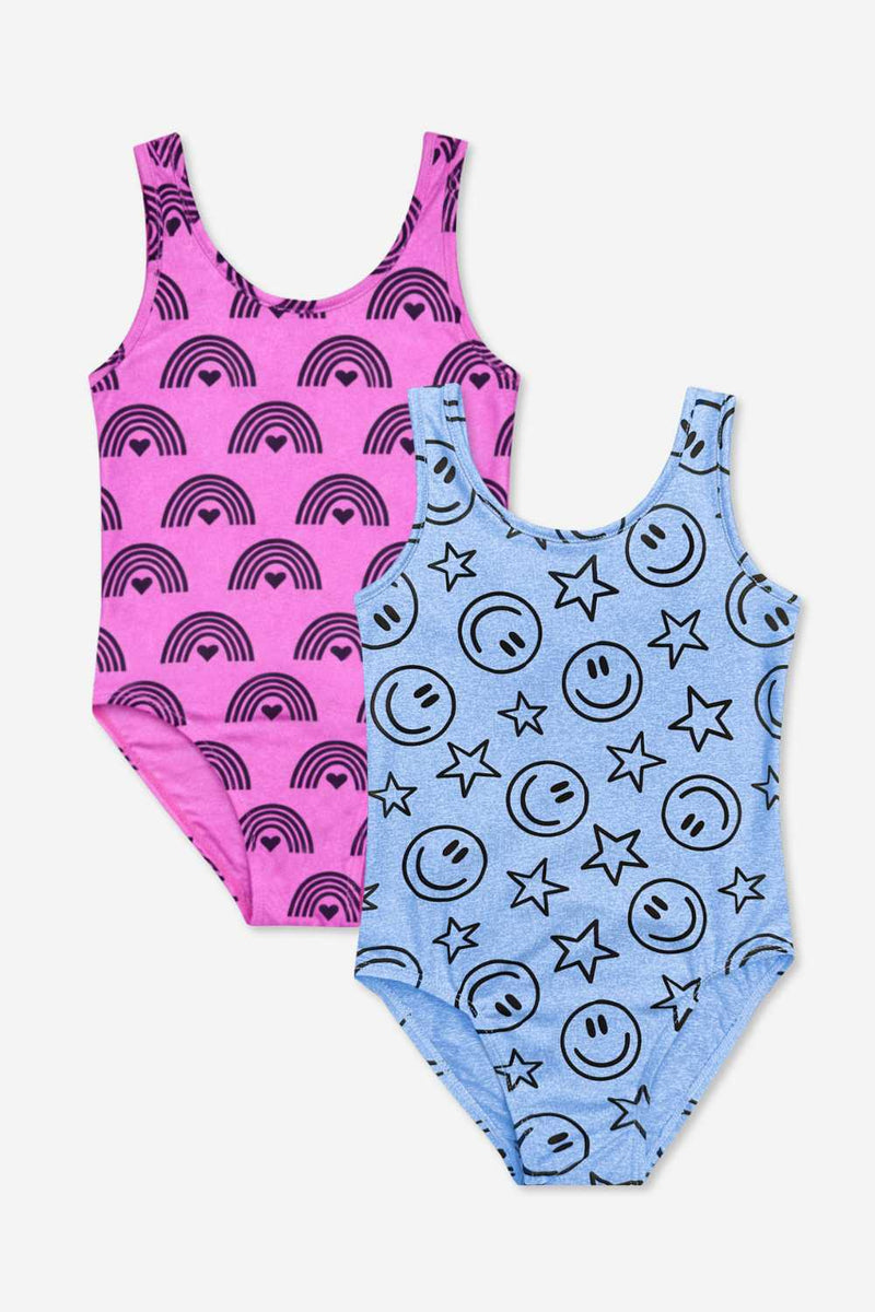 2-Pack Simply Soft Luxe Tank Leotard - Light Blue Smile Star | Neon Pink Rainbow Heart