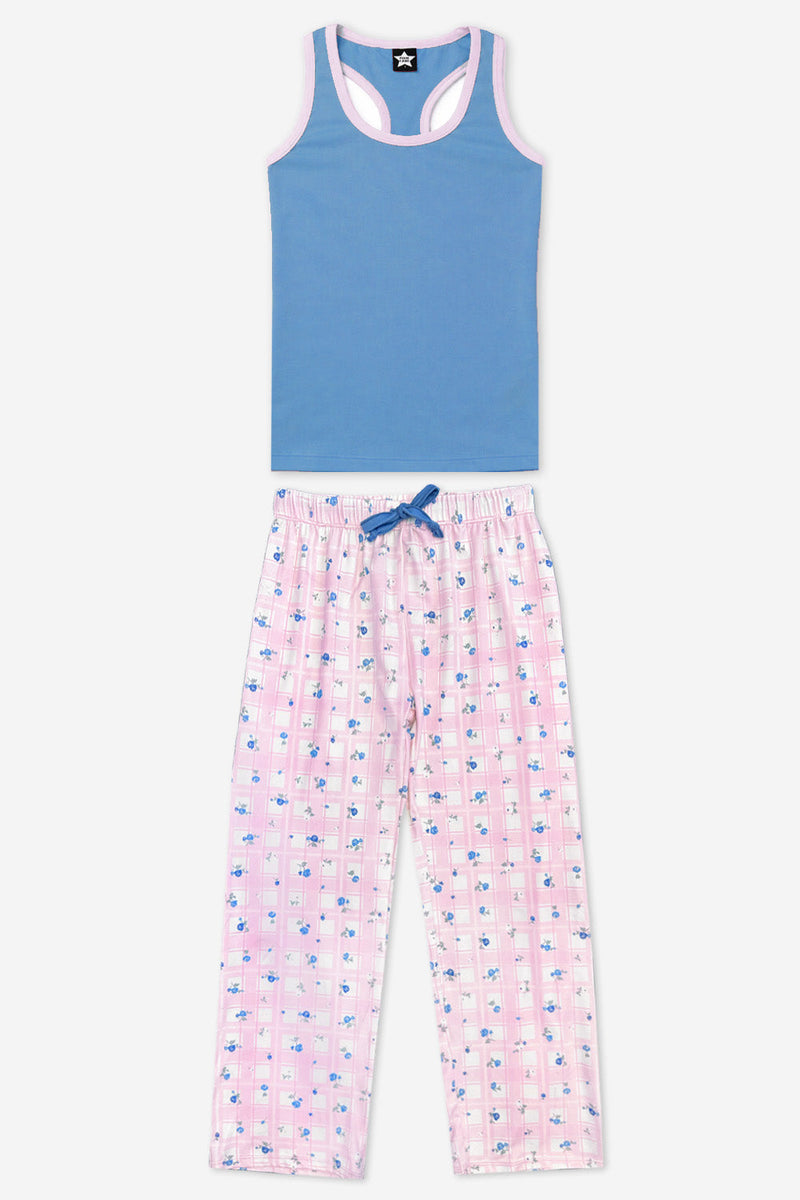 Simply Soft Racer Tank & Karate Pant Set - Denim Pink Plaid Floral
