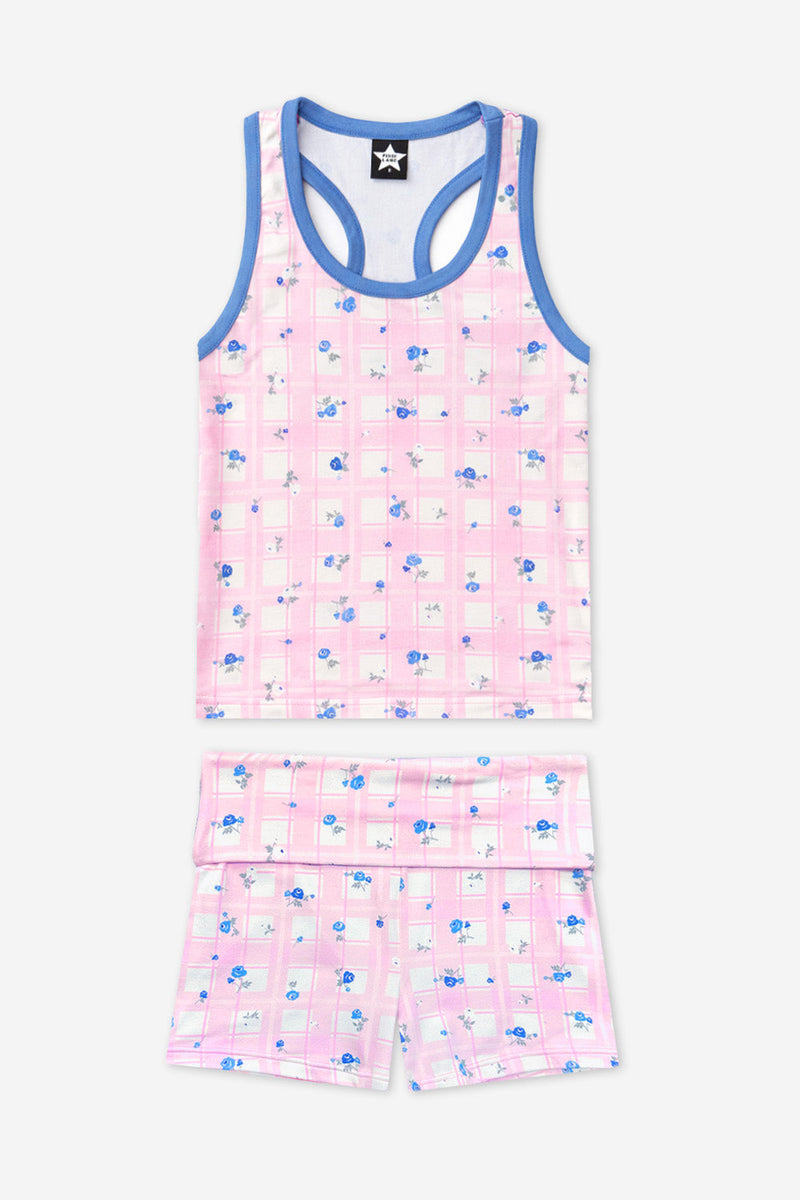 Racerback Tank & Foldover Short Set - Pink Plaid Floral