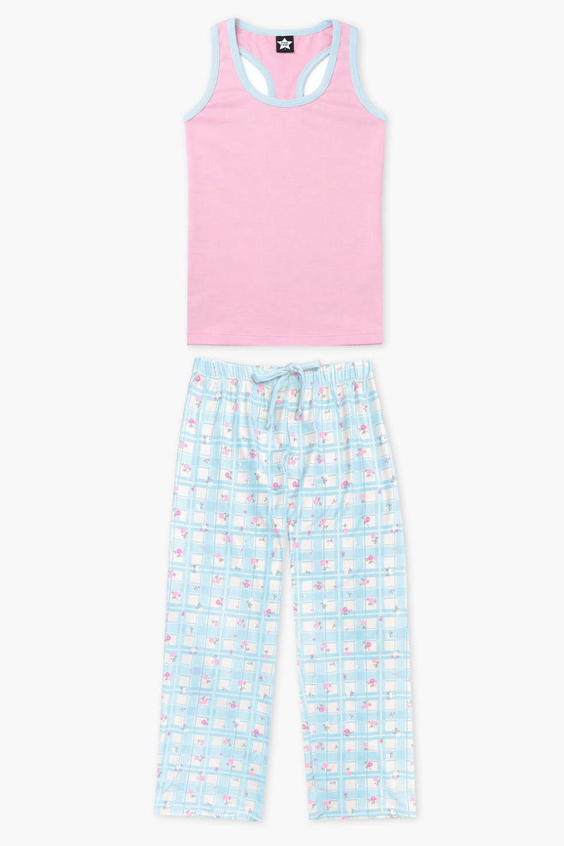 Simply Soft Racer Tank & Karate Pant Set - Pink Lt Blue Plaid Floral - NEW!