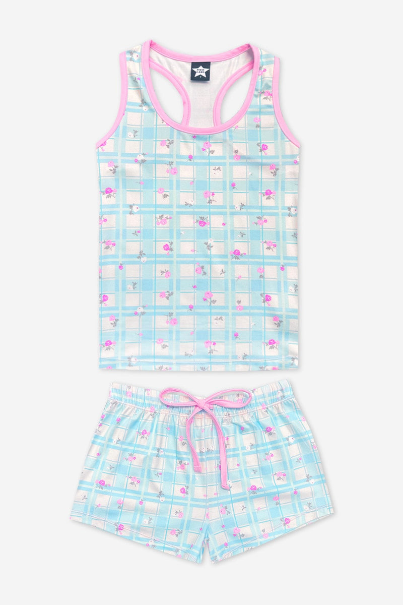 Simply Soft Racerback Tank & Dolphin Short - Lt Blue Plaid Floral
