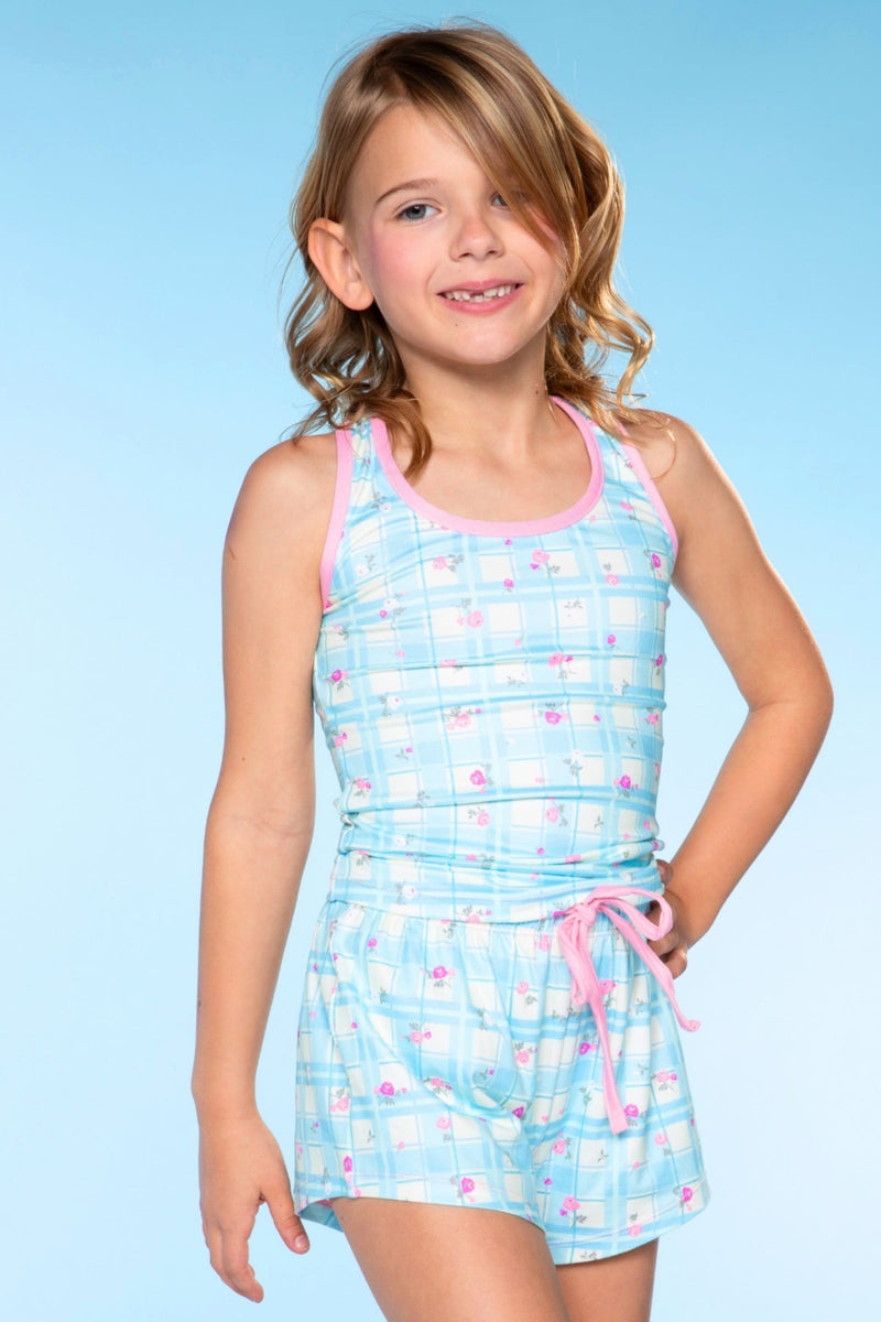 Simply Soft Racerback Tank & Dolphin Short - Lt Blue Plaid Floral - NEW!