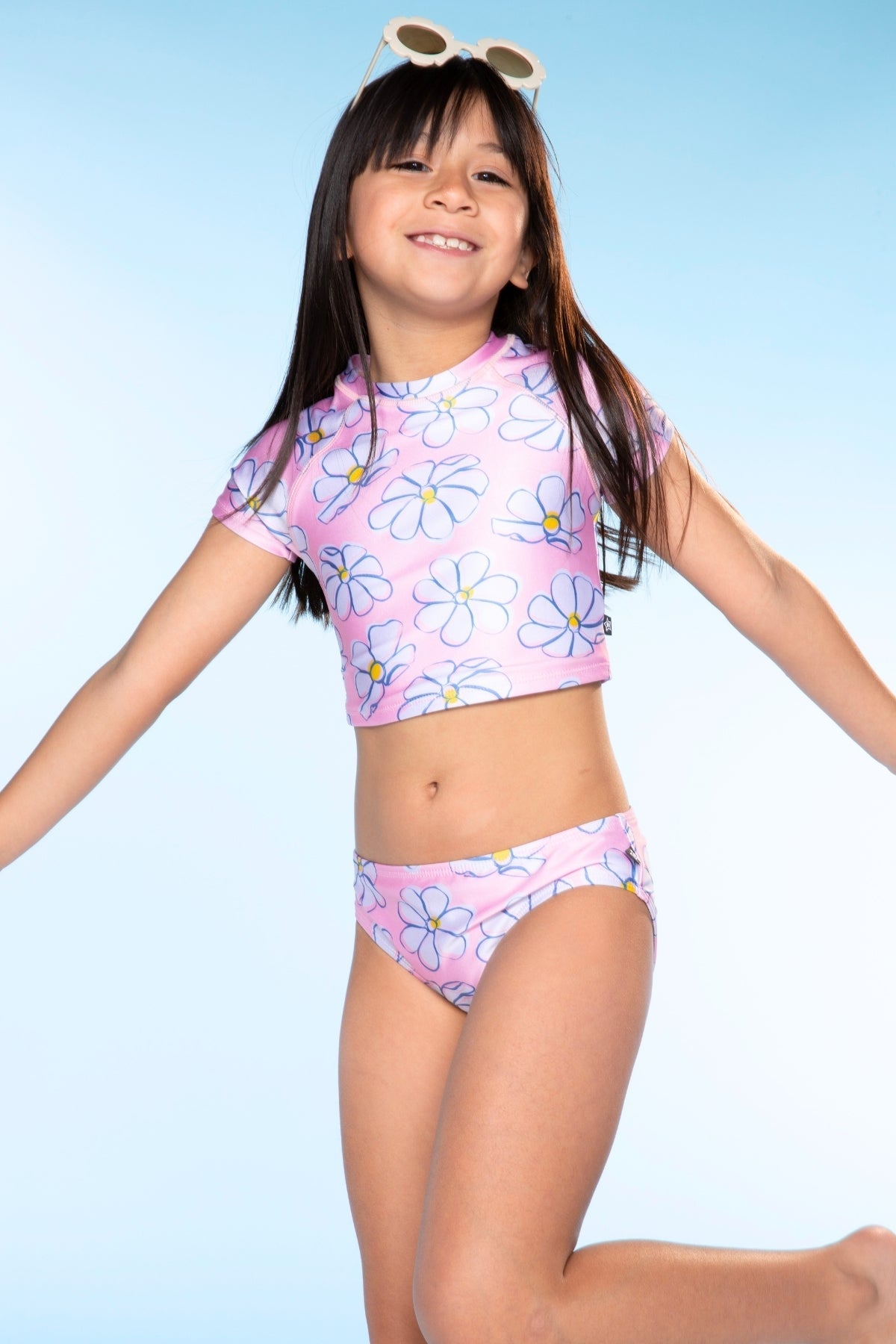 Short Sleeve Cropped Rashguard Swimsuit - Pink Ivory Daisy - NEW!