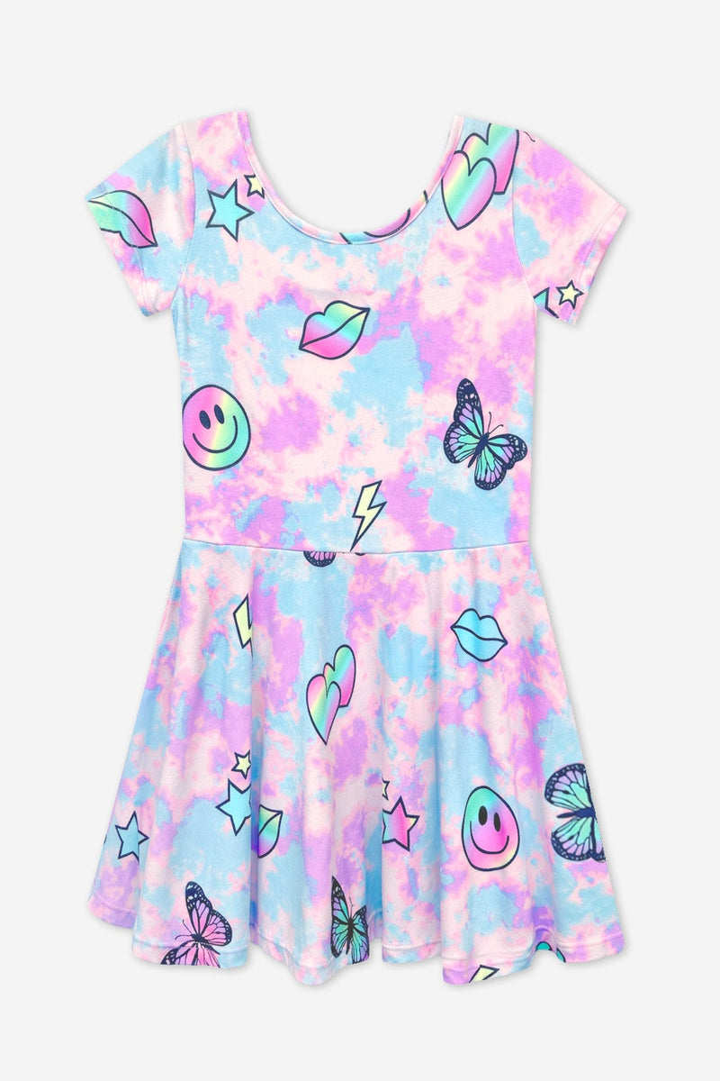 Simply Soft Short Sleeve Skater Dress - Pastel Rainbow Tie Dye Emoji - NEW!