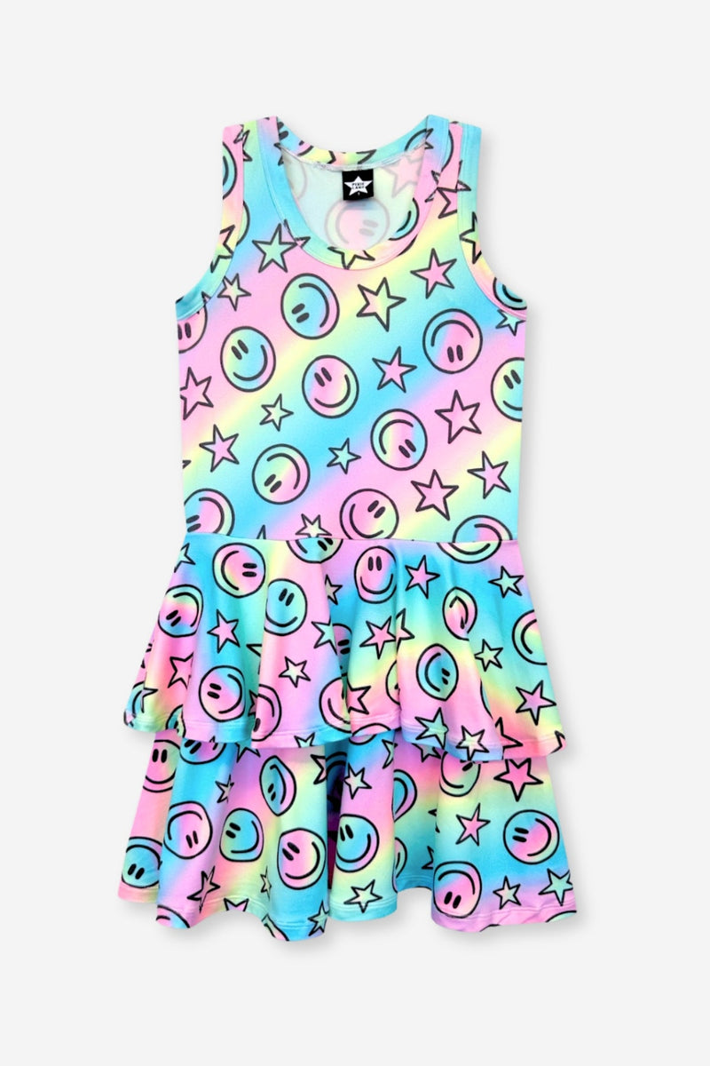 Simply Soft Racerback Ruffle Skirt Dress - Rainbow Smile & Stars