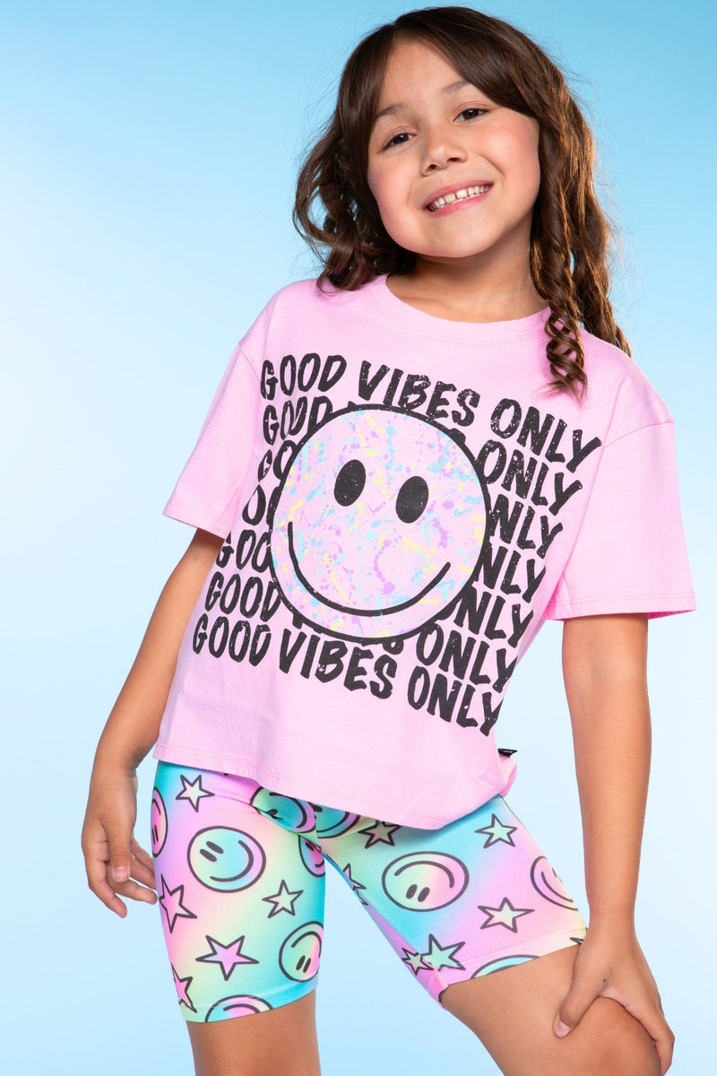 Washed Cotton Drop Shoulder Tee. - Pink Good Vibes Splatter Smile - NEW!