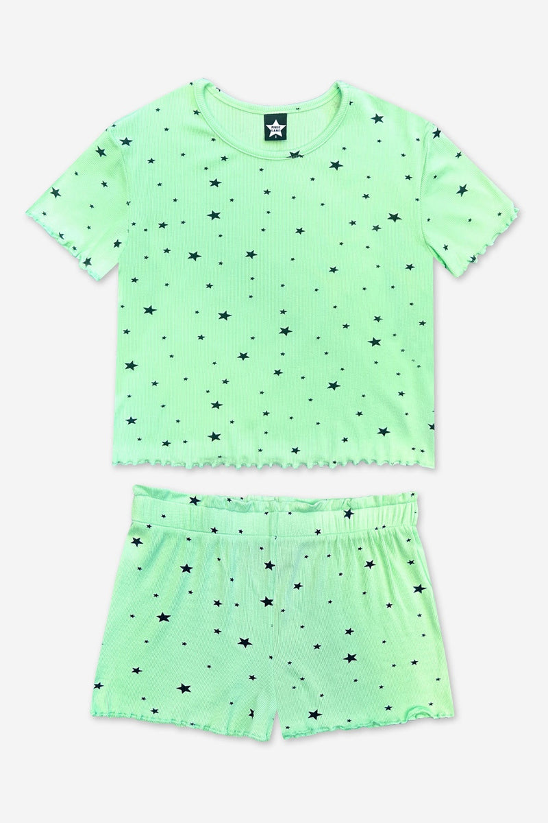 Ultra Soft Ribbed Lettuce Hem Easy Tee & Short Set - Neon Lime Star