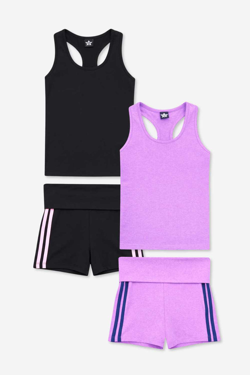 2 Pack Simply Soft Luxe Cropped Racerback Tank & Foldover Short - Black Blush Stripe | Lavender Navy Stripe