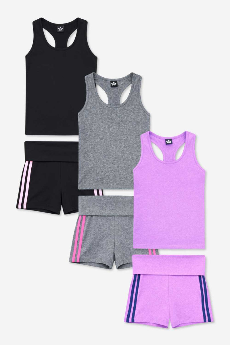 3 Pack Simply Soft Luxe Cropped Racerback Tank & Foldover Short - Black Blush Stripe | Lavender Navy Stripe | Steel Hot Pink Stripe