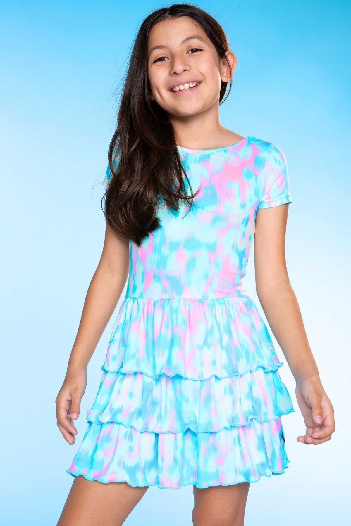Simply Soft Short Sleeve Triple Ruffle Dress - Lt Blue Neon Pink