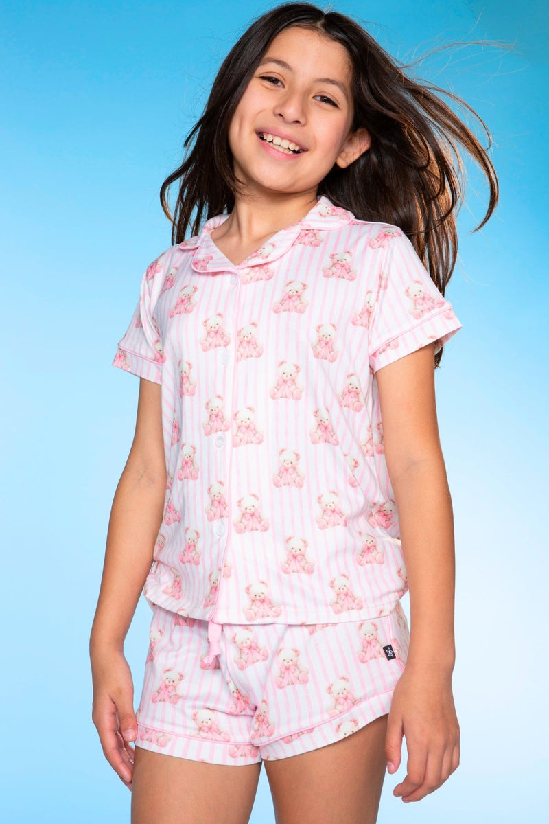 Short Sleeve Simply Soft Button Down Top & Short - Ivory Pink Stripe Bear Bow - NEW!