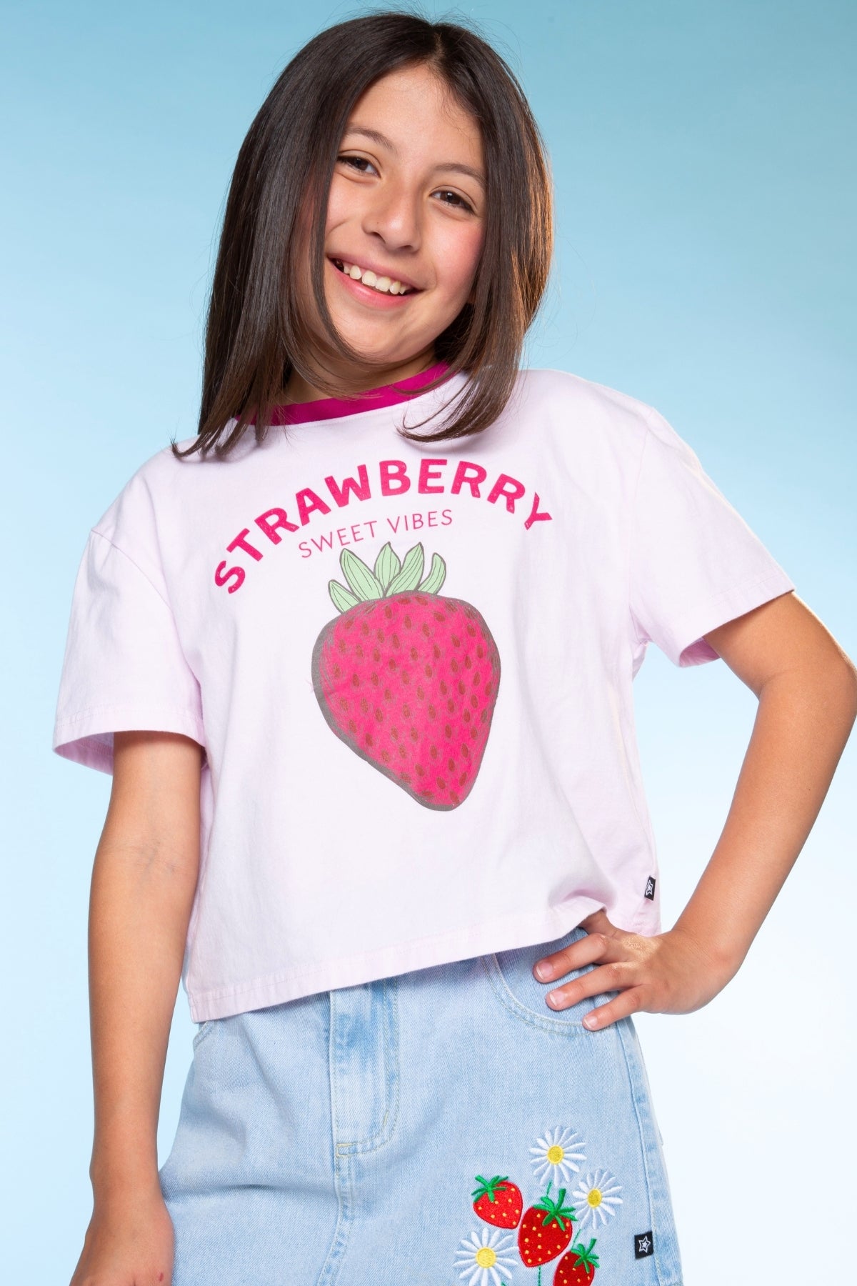 Washed Cotton Drop Shoulder Tee. - Cream Denim Leopard Heart