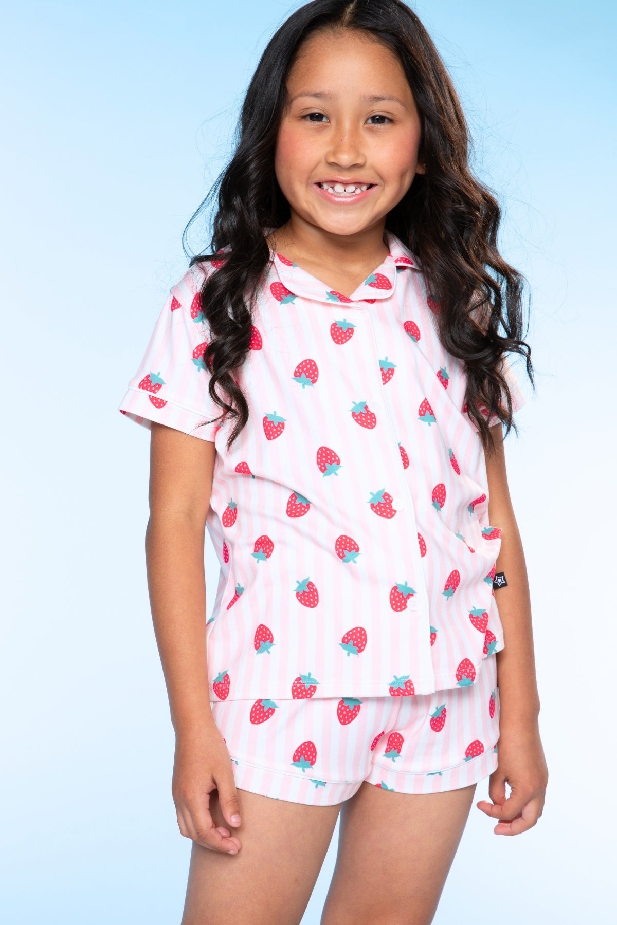 Short Sleeve Simply Soft Button Down Top & Short - Pink Ivory Striped Strawberry - NEW!