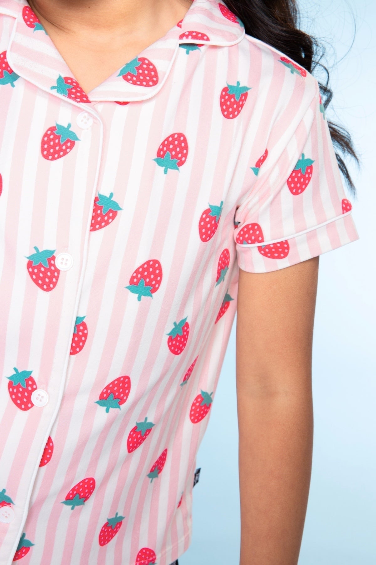 Short Sleeve Simply Soft Button Down Top & Short - Pink Ivory Striped Strawberry - NEW!