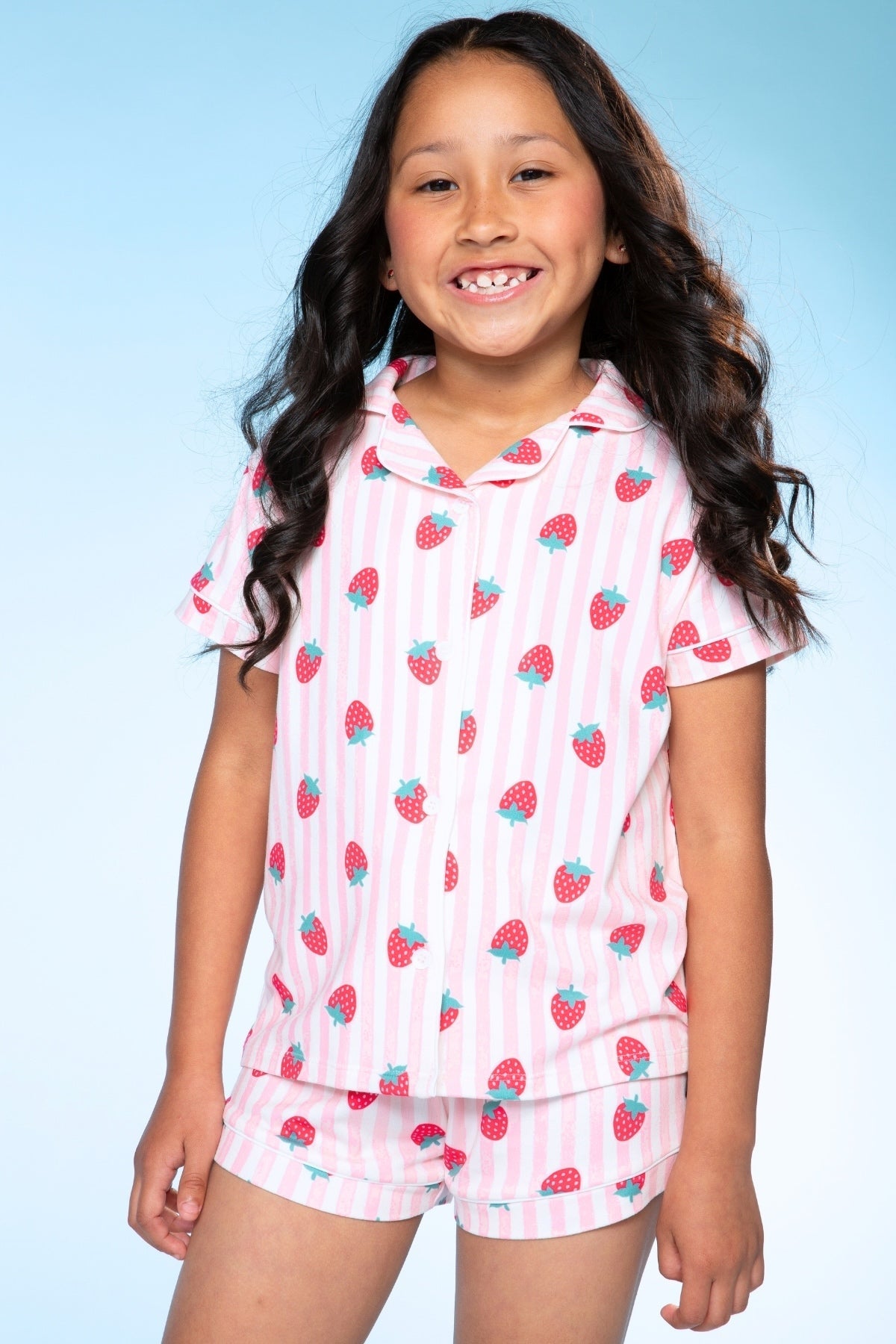 Short Sleeve Simply Soft Button Down Top & Short - Pink Ivory Striped Strawberry - NEW!