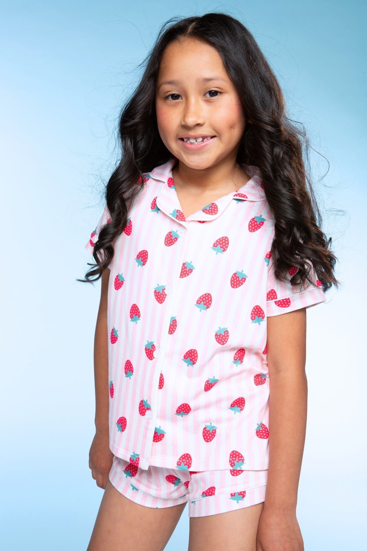 Short Sleeve Simply Soft Button Down Top & Short - Pink Ivory Striped Strawberry - NEW!