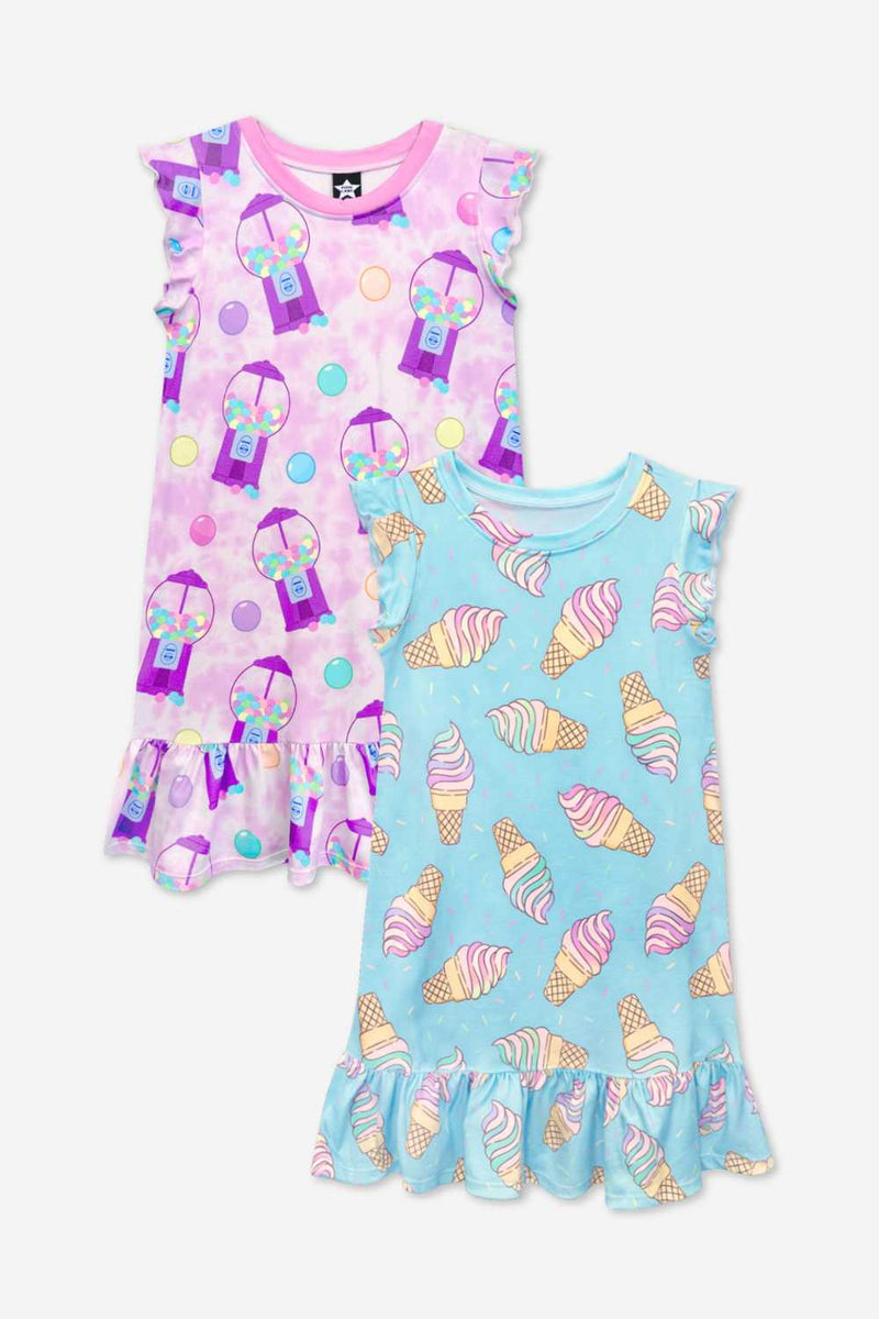 2 Pack Simply Soft Flutter Sleeve Lounge Dress - Blue Rainbow Ice Cream | Purple Tie Dye Gumball