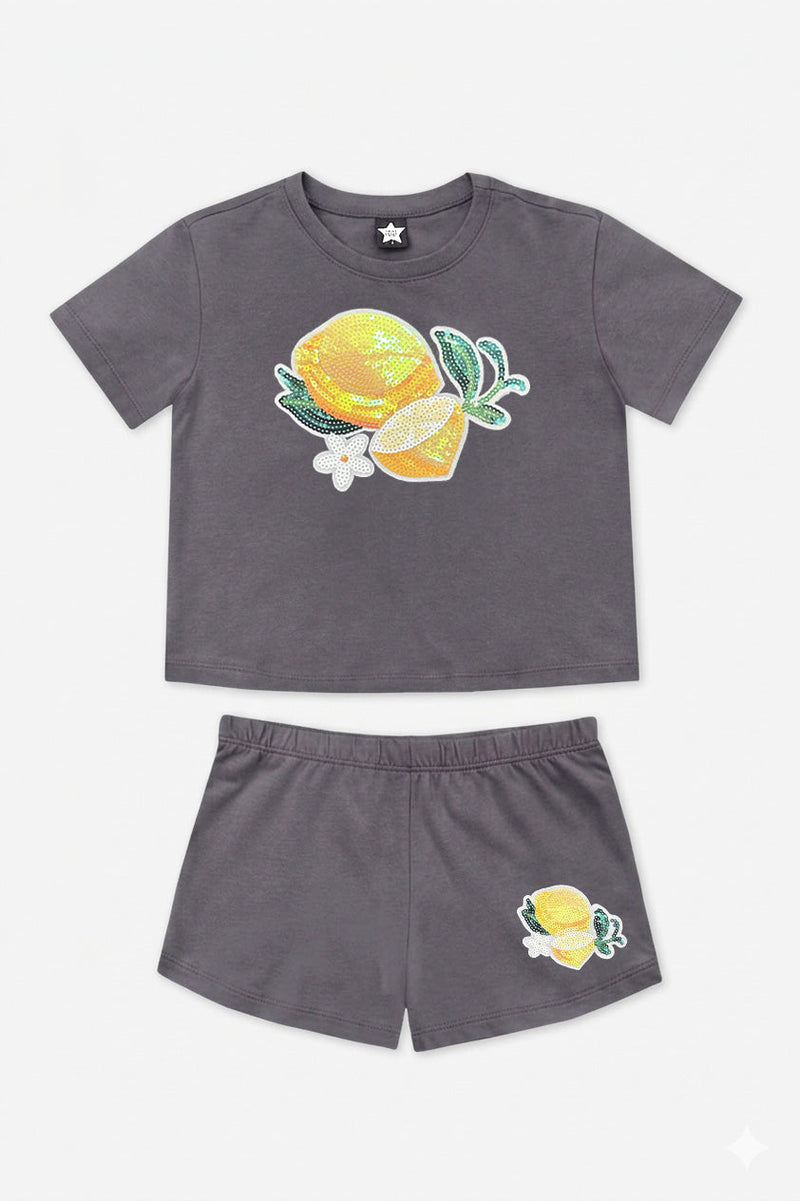 Vintage Washed Cotton Easy Tee & Dolphin Short Set - Vintage Black Sequin Lemon