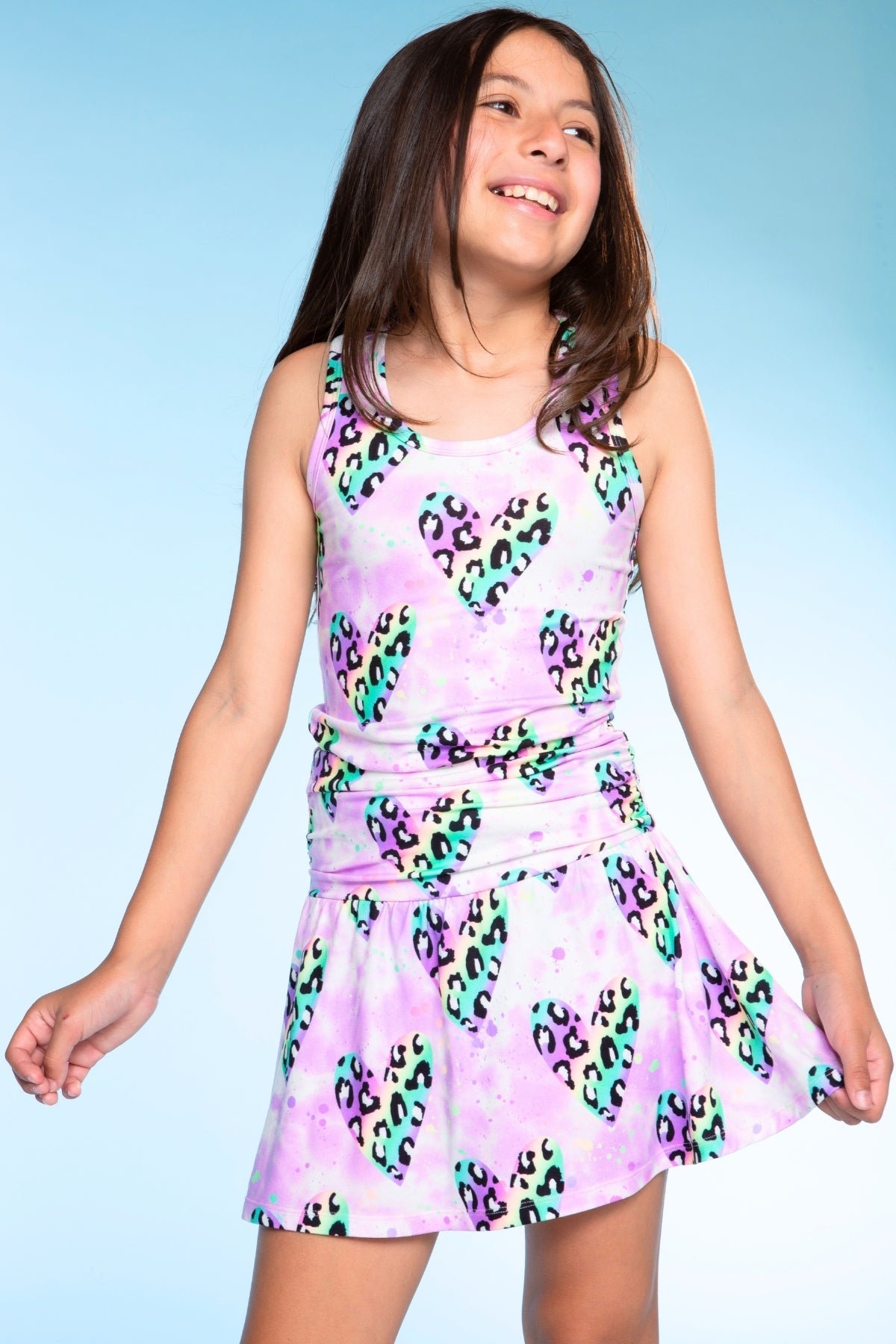 Racerback Tank & Shirred Waist Skort - Lt Pink Rainbow Leopard Heart