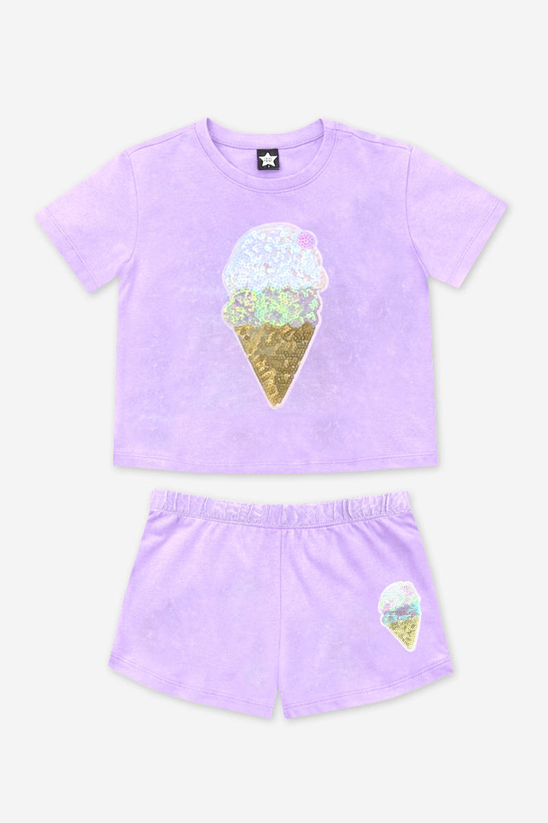 Vintage Washed Cotton Easy Tee & Dolphin Short Set - Lt Purple Sequin Ice Cream - NEW!