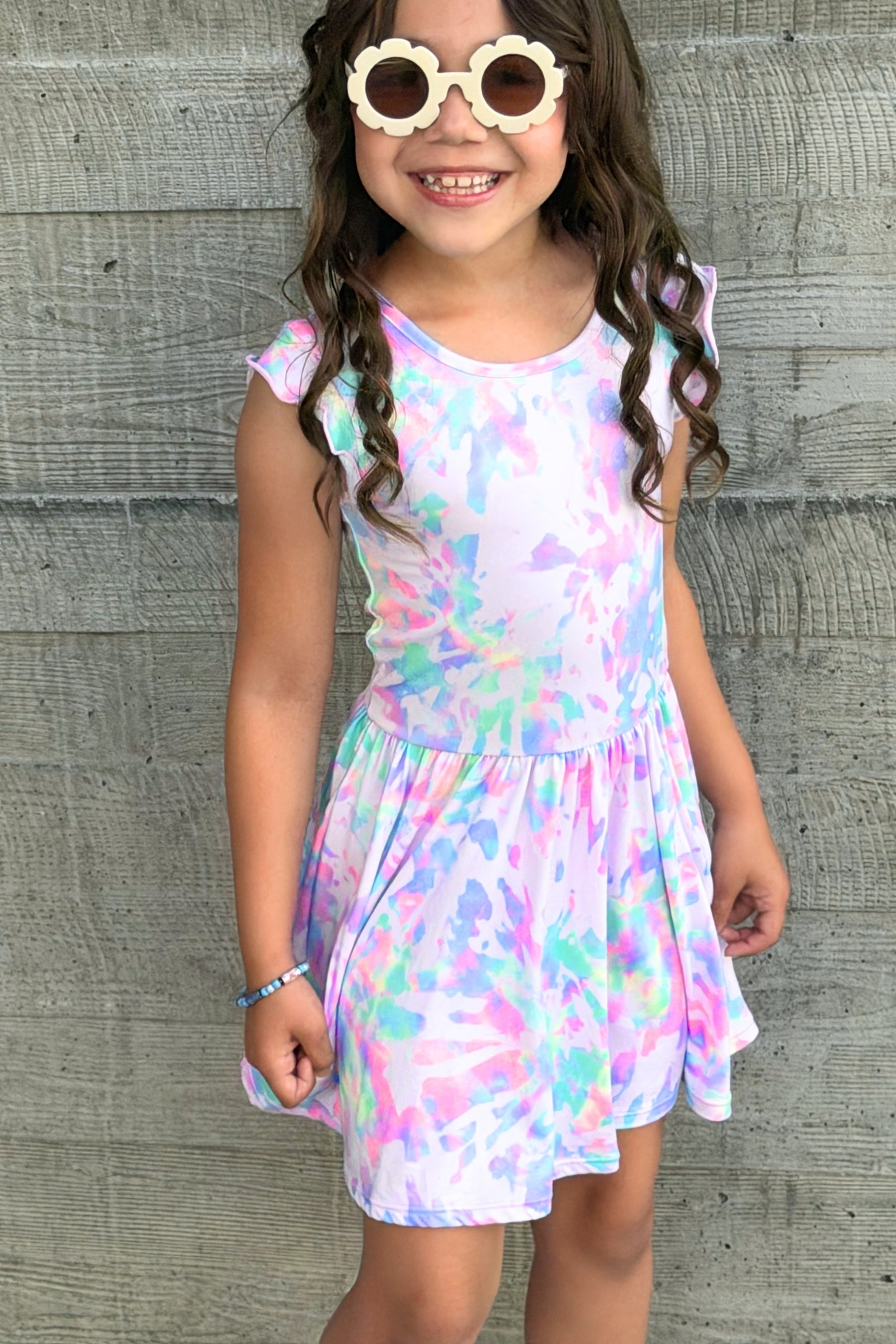 Simply Soft Flutter Sleeve Be Happy Dress - Pink Tie Dye Sequin Butterfly - NEW!