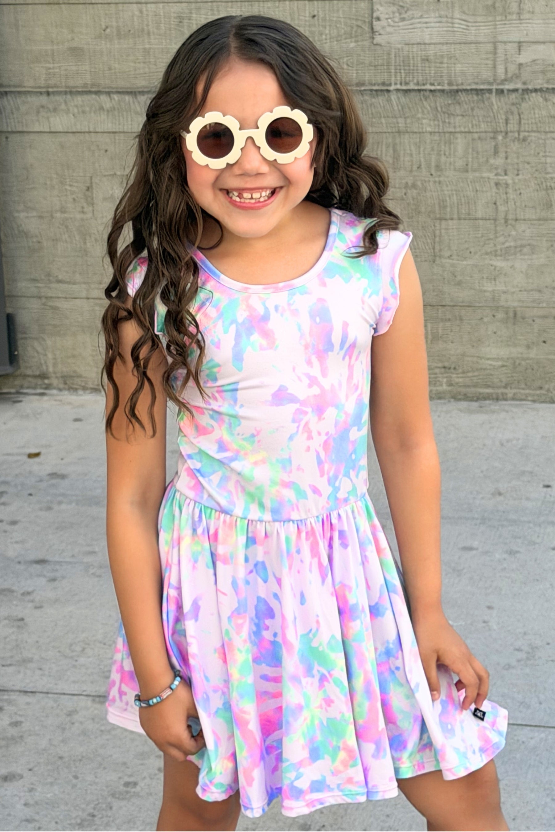 Simply Soft Flutter Sleeve Be Happy Dress - Pink Tie Dye Sequin Butterfly - NEW!