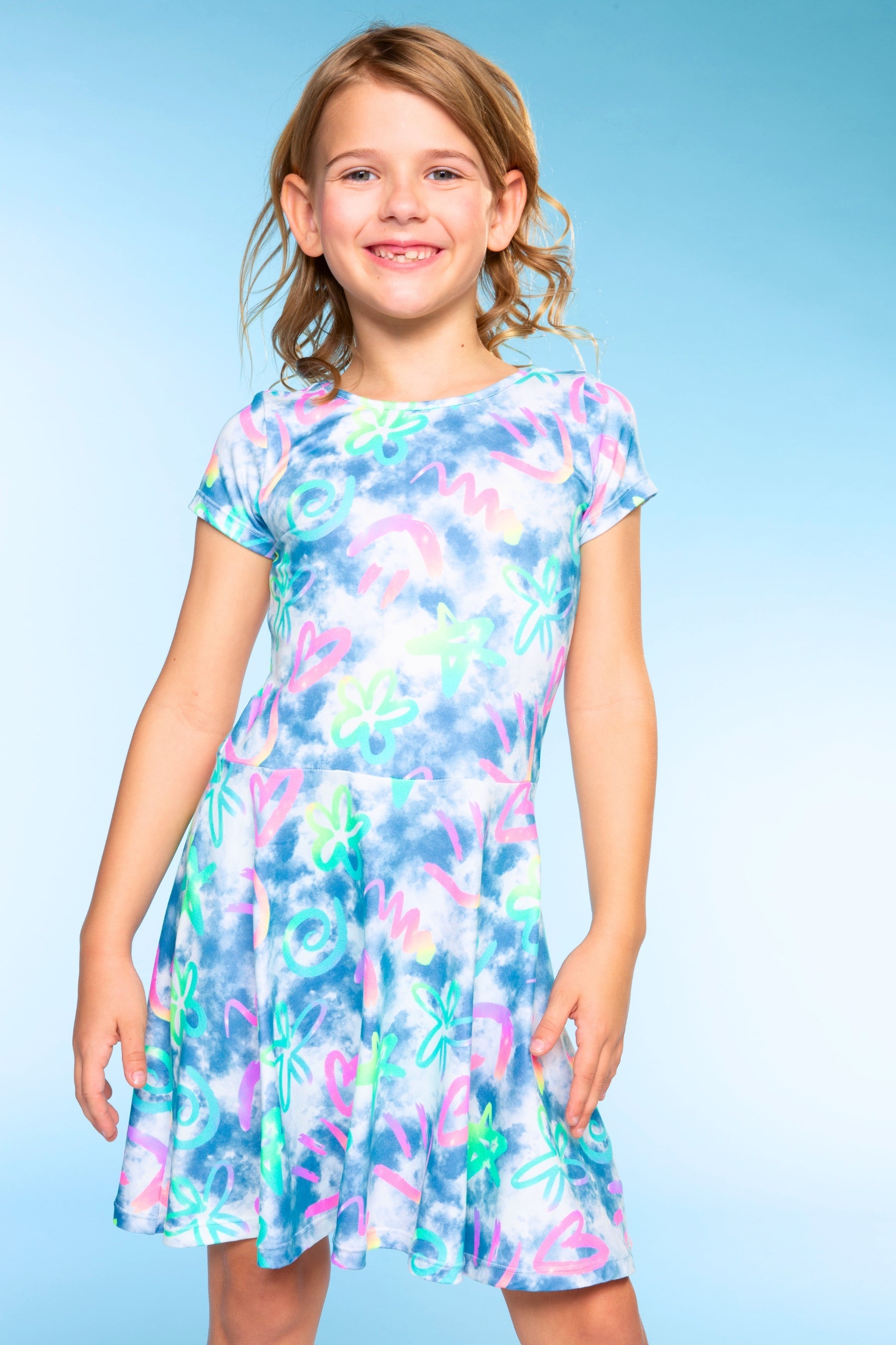 Simply Soft Short Sleeve Skater Dress - Denim Rainbow Graffiti - NEW!