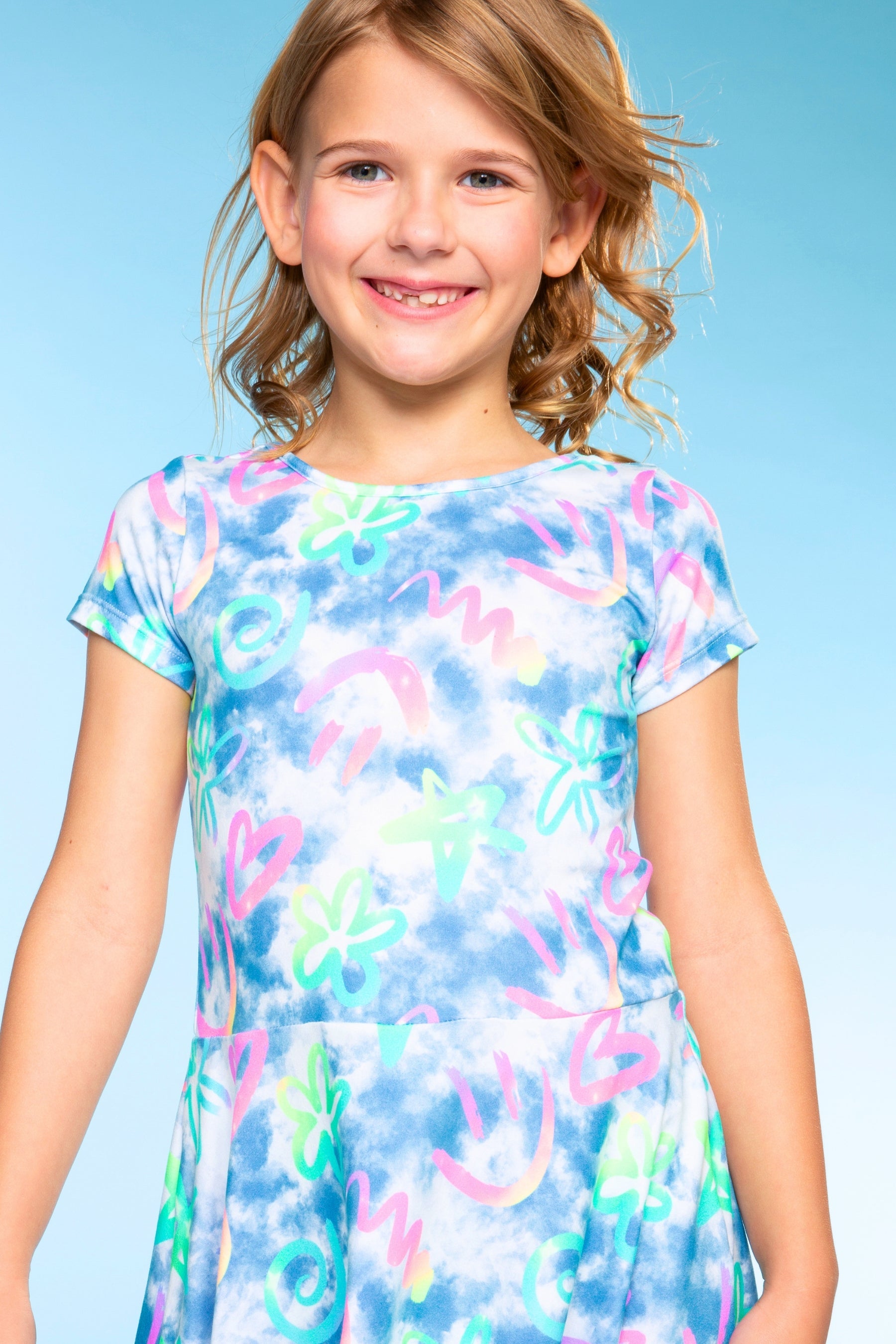 Simply Soft Short Sleeve Skater Dress - Denim Rainbow Graffiti - NEW!