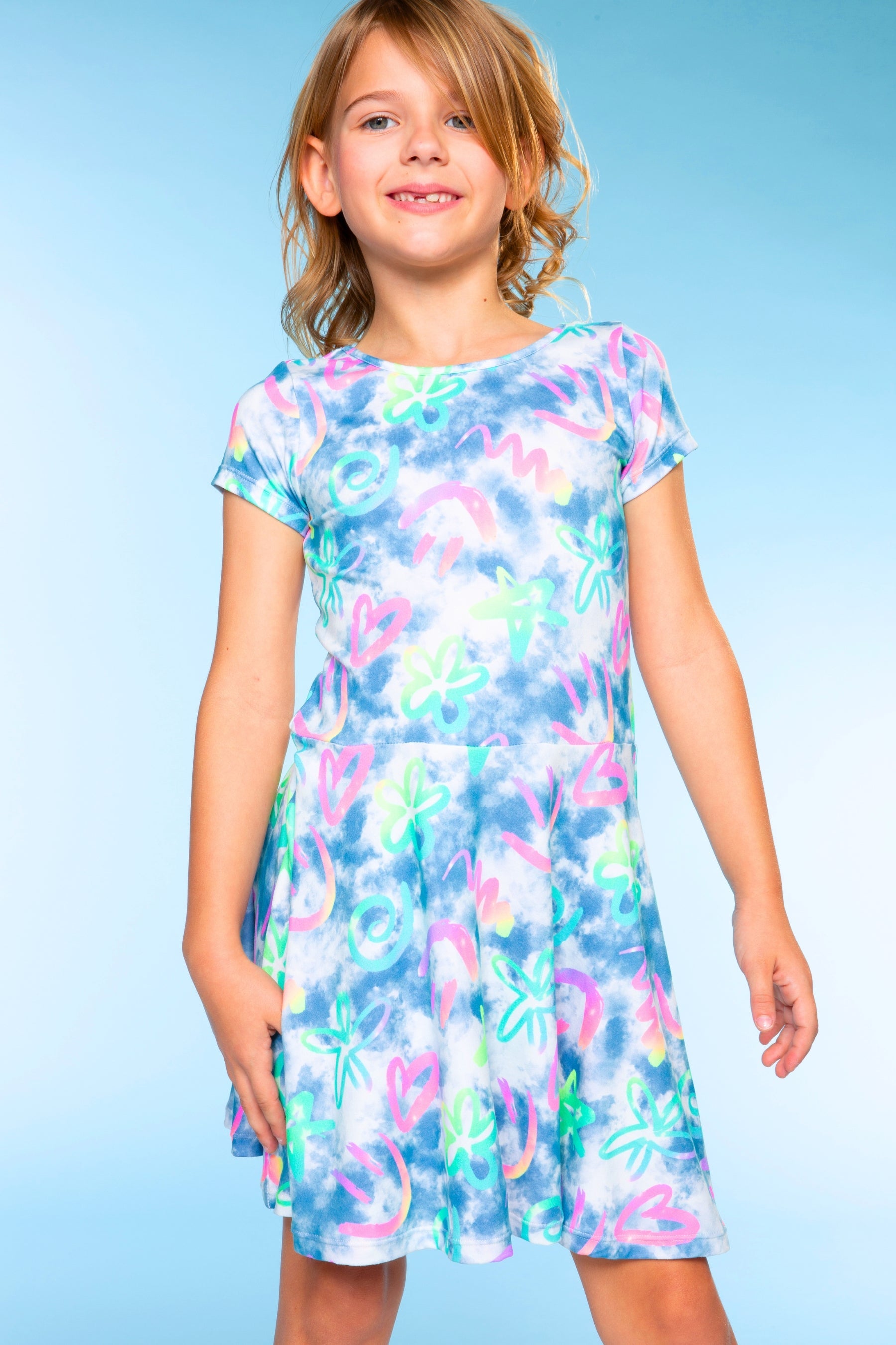 Simply Soft Short Sleeve Skater Dress - Denim Rainbow Graffiti - NEW!