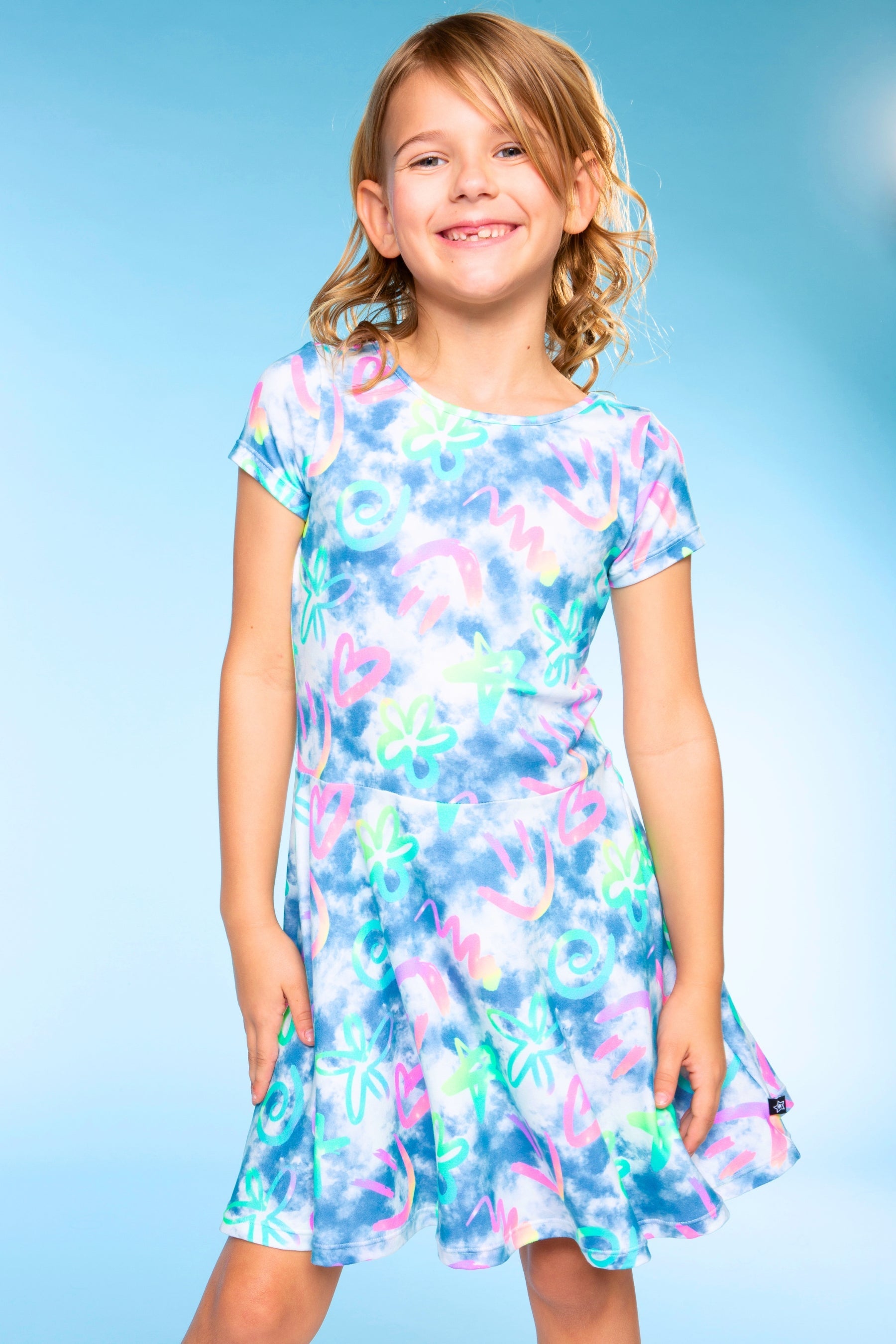 Simply Soft Short Sleeve Skater Dress - Denim Rainbow Graffiti - NEW!