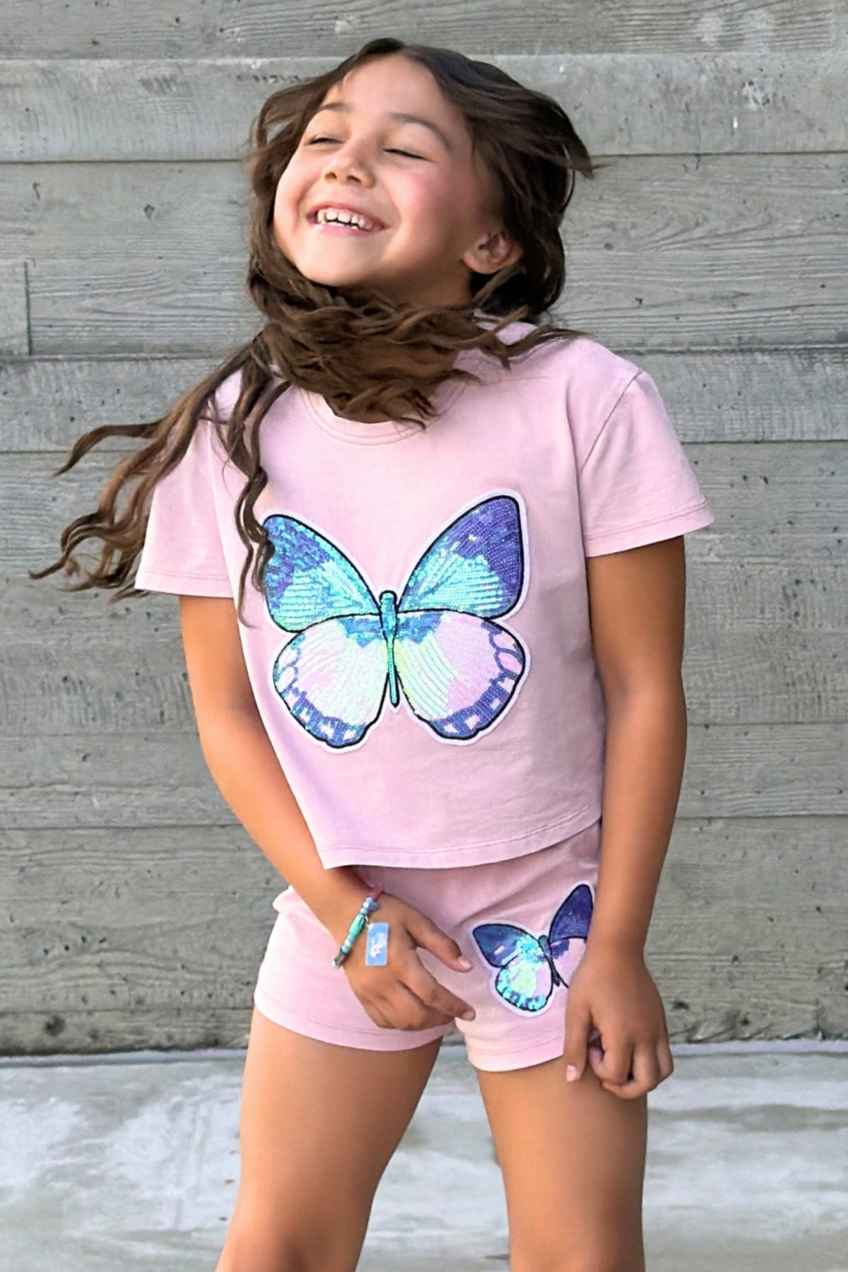 Vintage Washed Cotton Easy Tee & Dolphin Short Set - Pink Butterfly
