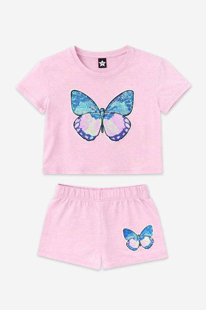 Vintage Washed Cotton Easy Tee & Dolphin Short Set - Pink Butterfly - NEW!