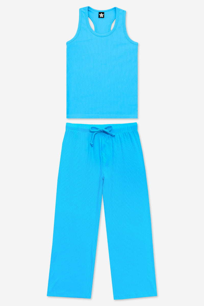 Ultra Soft Ribbed Racer Tank & Karate Pant Set - Neon Blue