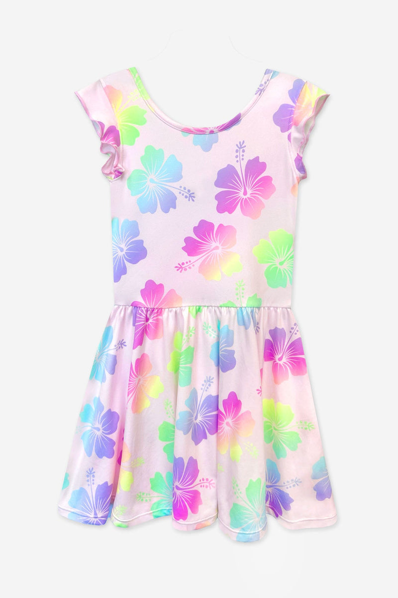 Simply Soft Flutter Sleeve Be Happy Dress - Lt Pink Rainbow Hibiscus - NEW!