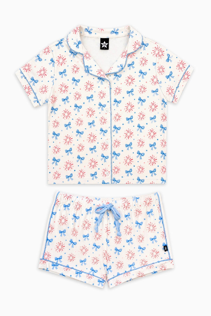 Short Sleeve Simply Soft Button Down Top & Short - Ivory Red Blue Firework Bow
