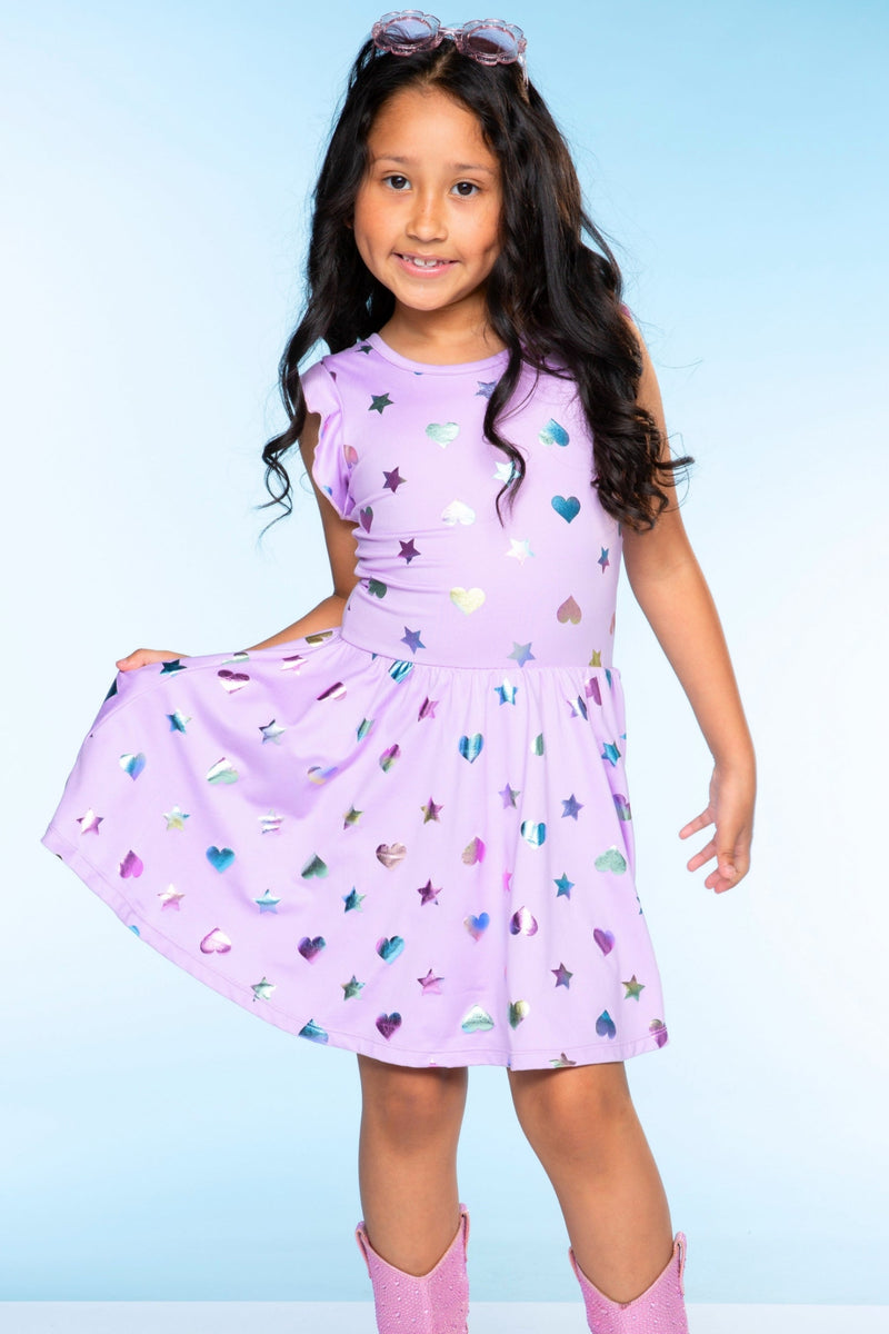 Flutter Sleeve Be Happy Dress - Lilac Rainbow Foil Hearts & Stars - NEW!