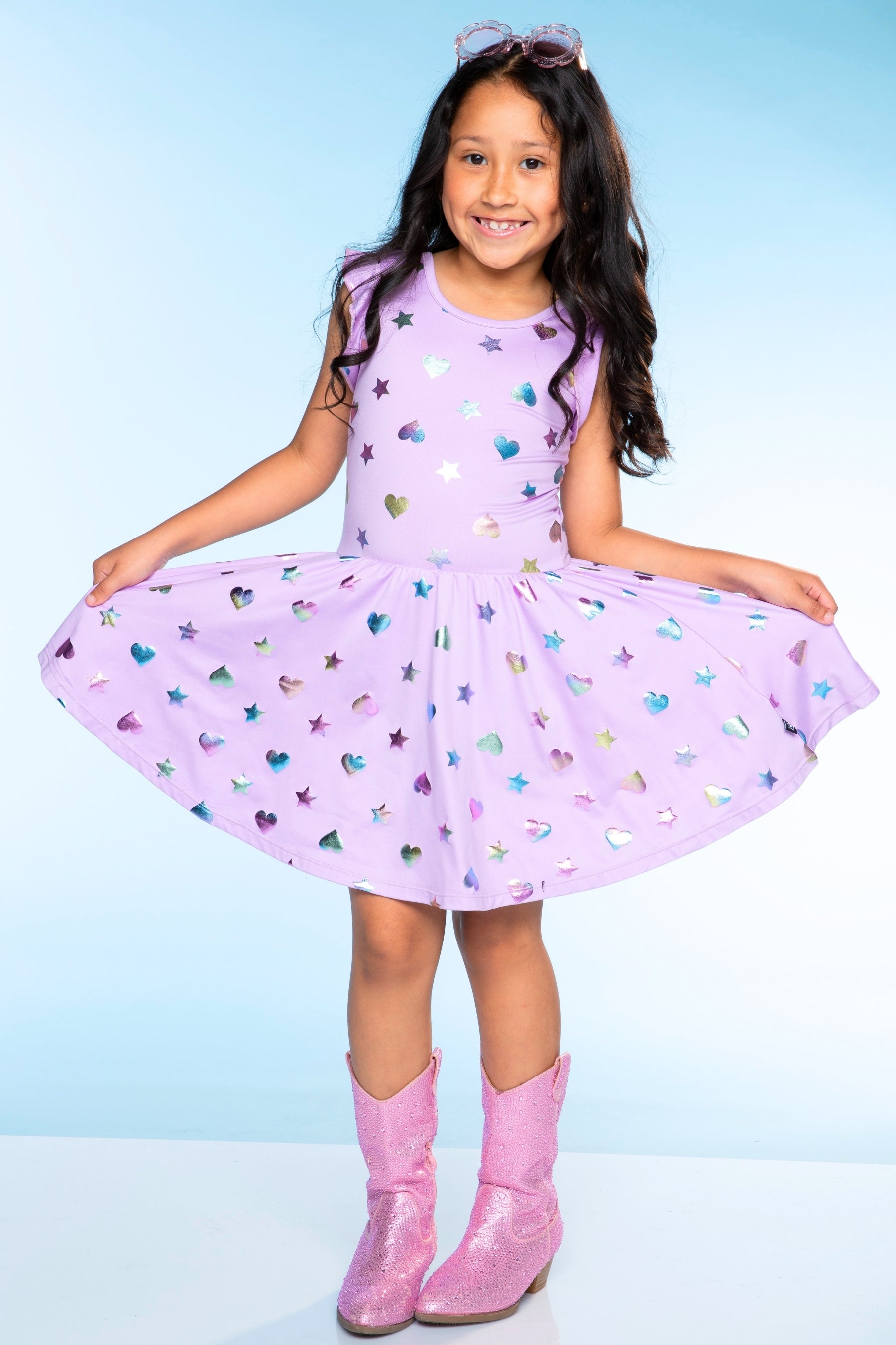 Simply Soft Flutter Sleeve Be Happy Dress - Lilac Rainbow Foil Hearts & Stars