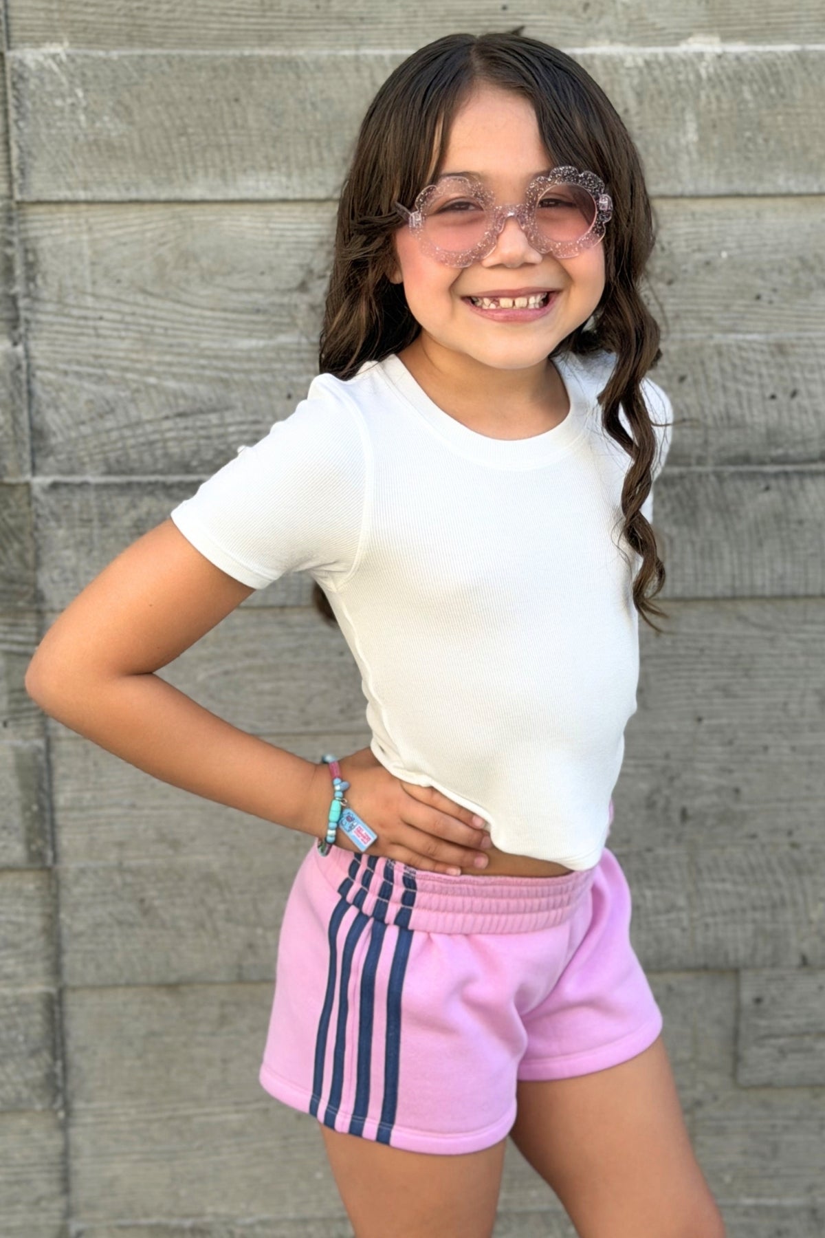 French Terry Smocked Striped Short - Pink Denim